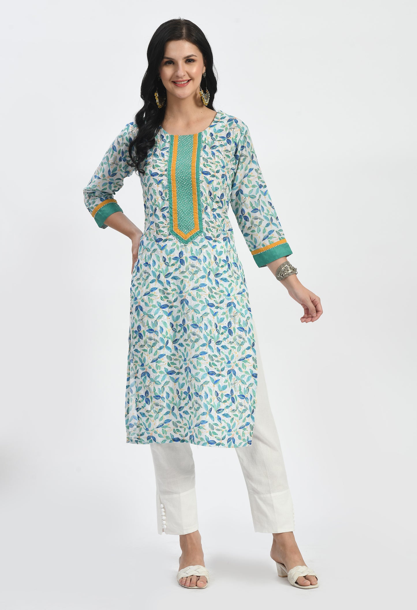 MAURYA Women's Blue Cotton 60*60 Straight Leaf Print Kurta with Shifly Chiken Work Kurti (MKT120)