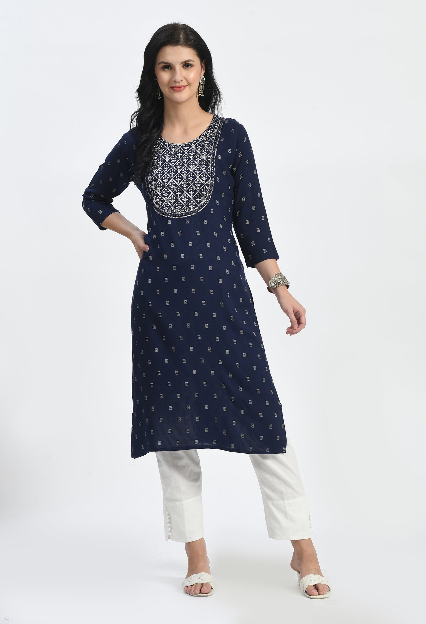MAURYA Women's Navy Self Rayon Boota Solid Straight Kurta with Computer Embroidery Mirror Work Kurti (MKT112)