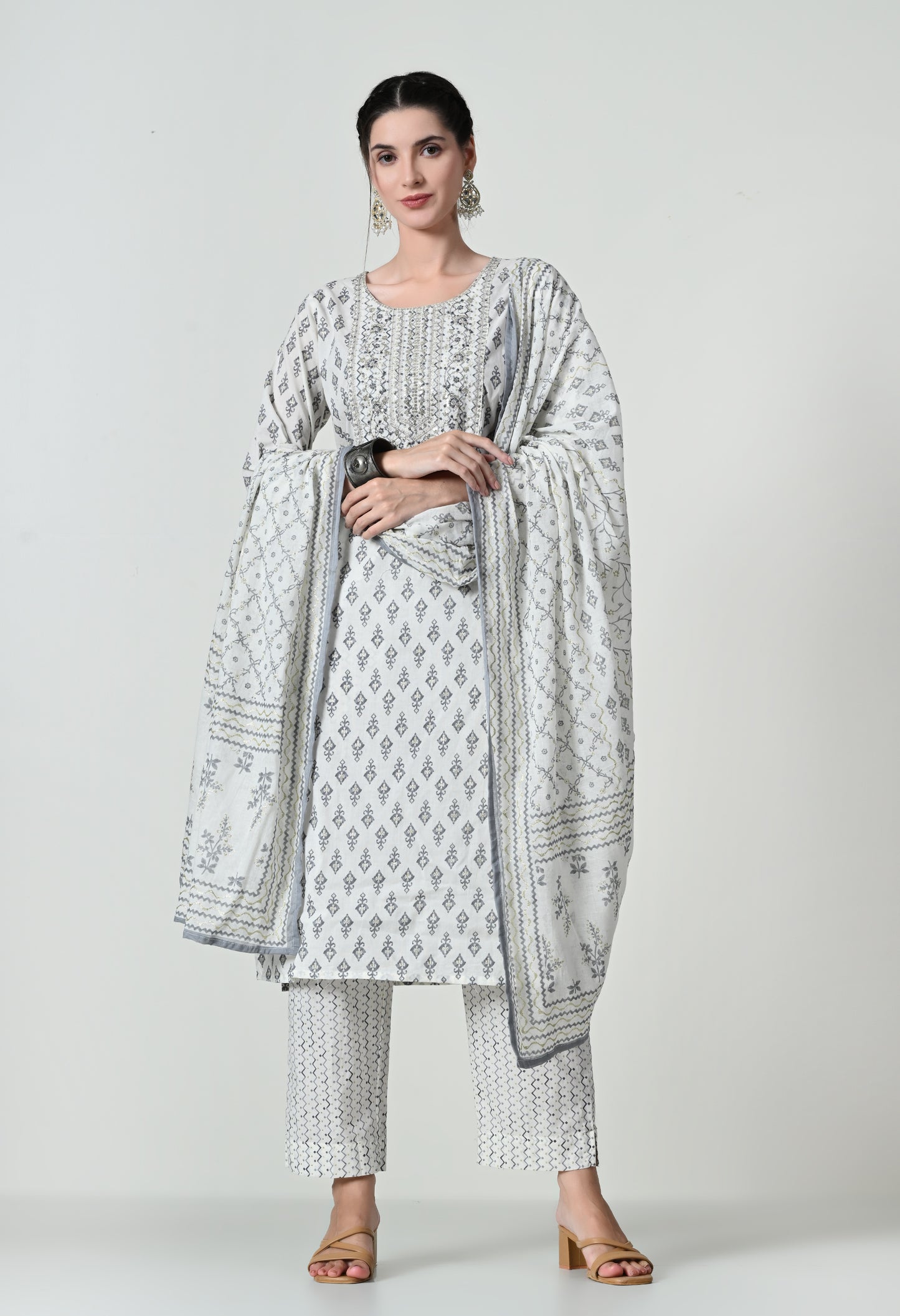 MAURYA Women's 100% Cotton Off White Foil Print Embroidery with Sequence Kurta Set with Dupatta (WMKS011)