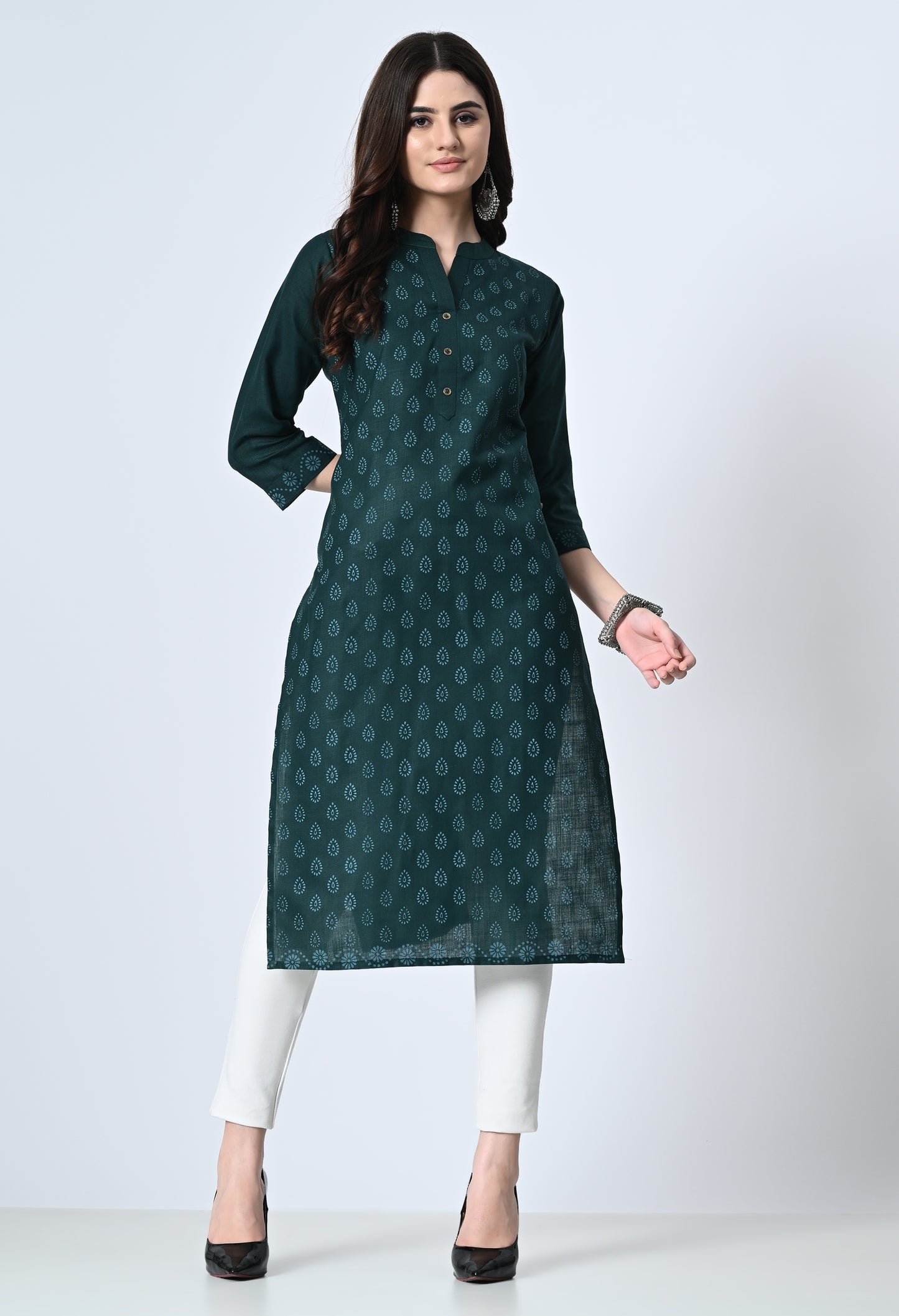 MAURYA Women's Cotton Blend Printed Bottle Green Calf Length High Neck Straight Kurta (MKT137)
