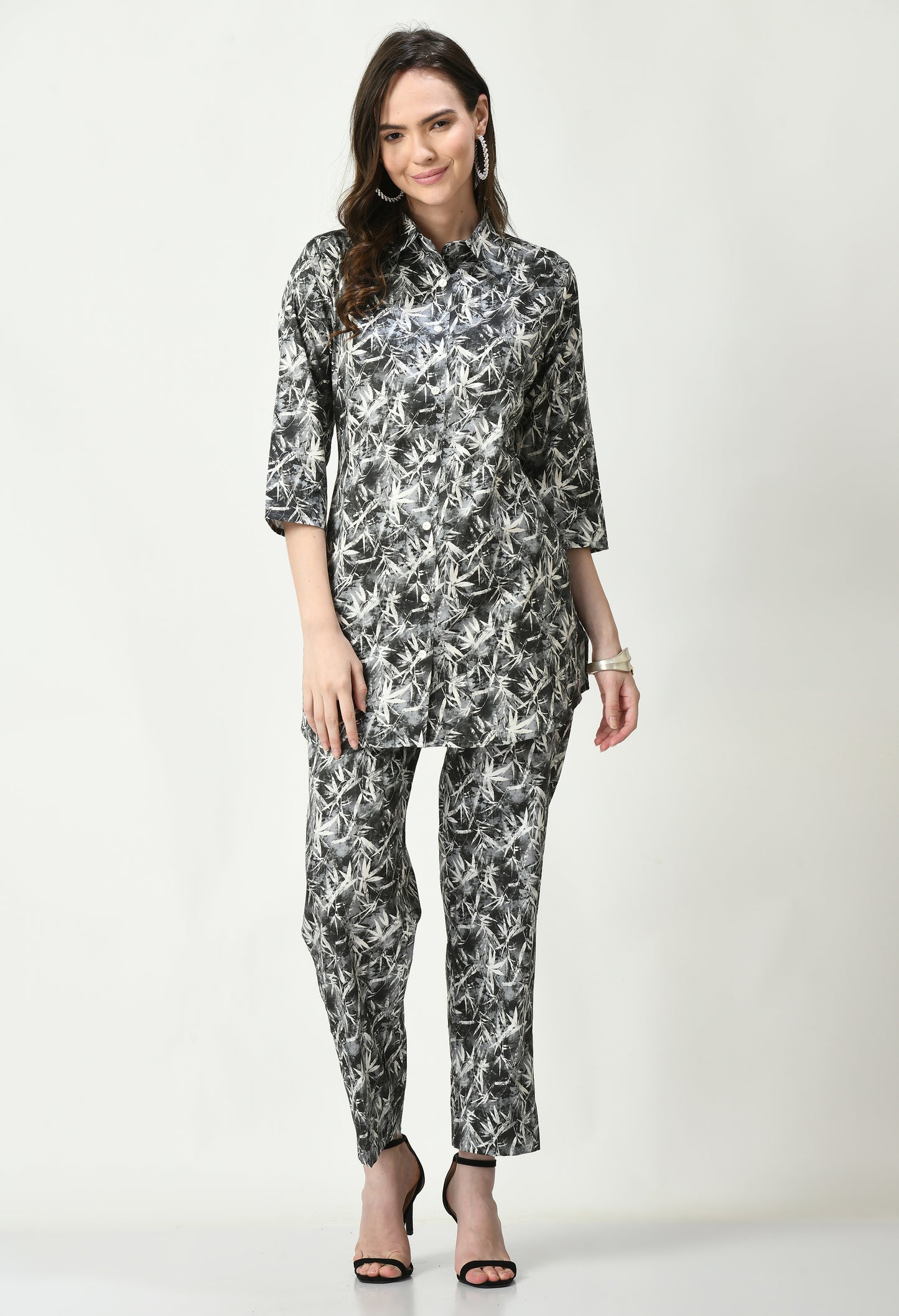 MAURYA Women's Grey Cotton Satin Printed Stylish Co-ord Set with 2 Side Pockets (MCS017)