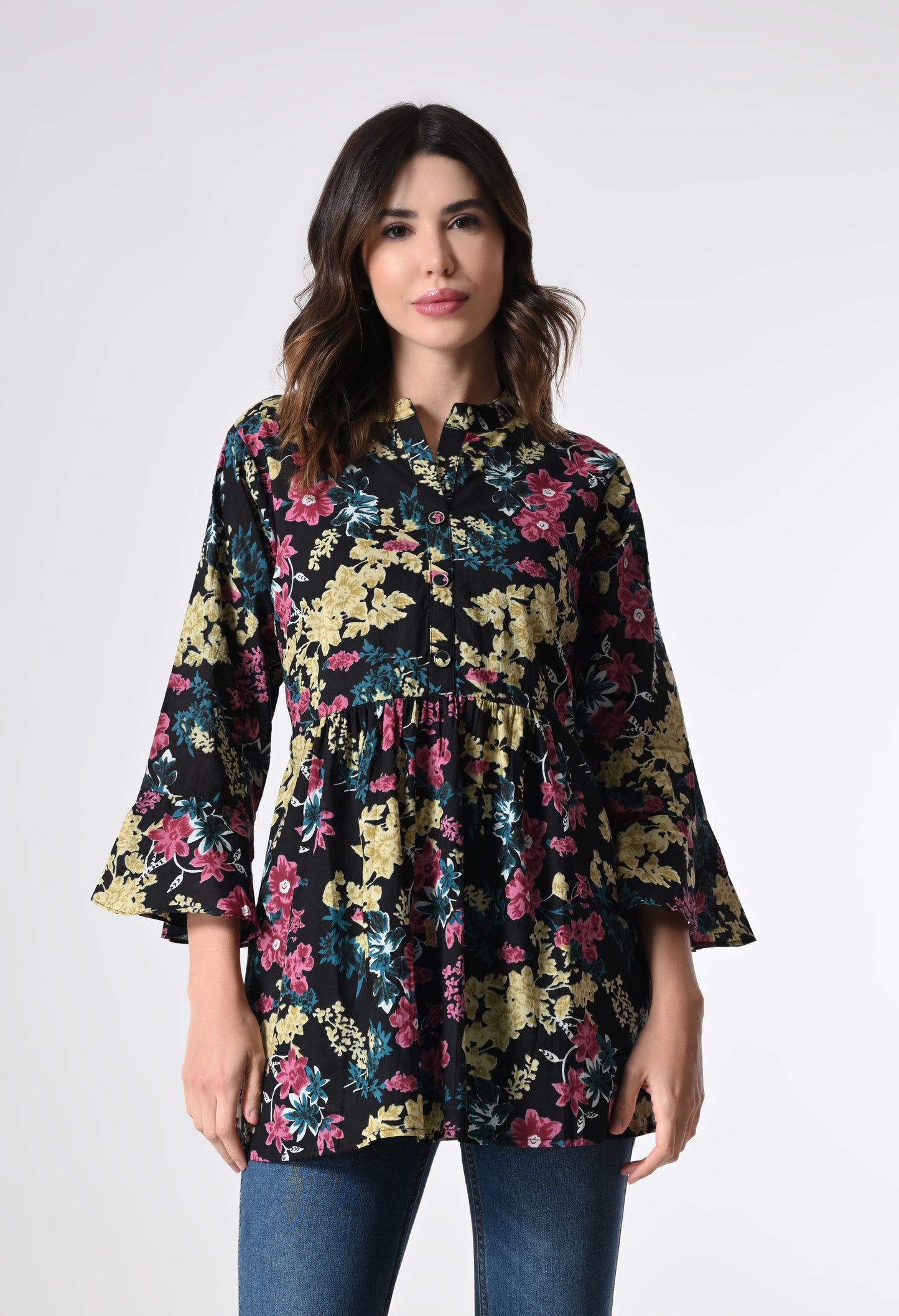 MAURYA Women's Black Color Floral Print Regular V Neck Top (MTOP006)