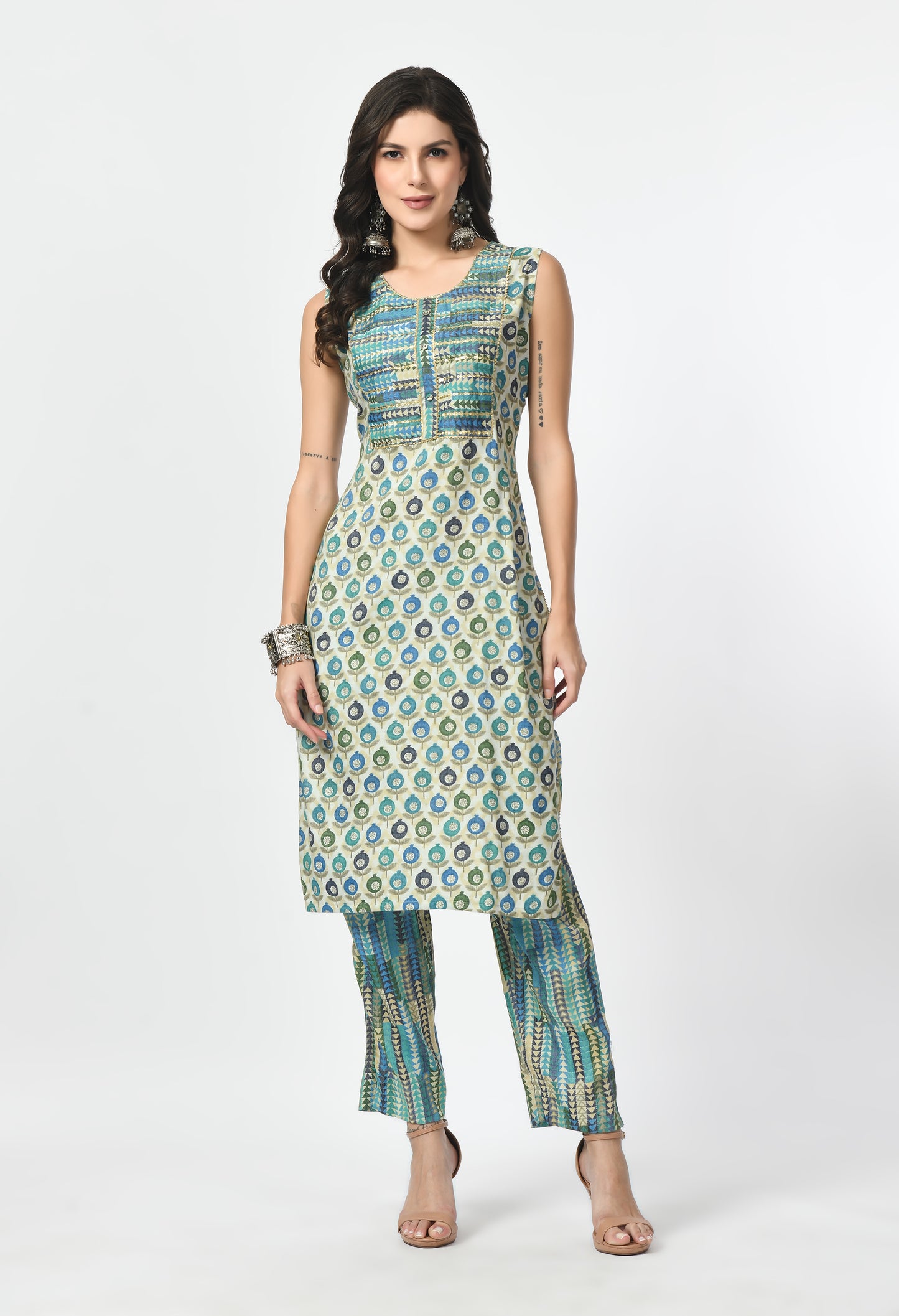 MAURYA Women's Rayon Slub Firoji Anaar Print A line Sippi Work Kurta with Pant & Dupatta (MKS040)