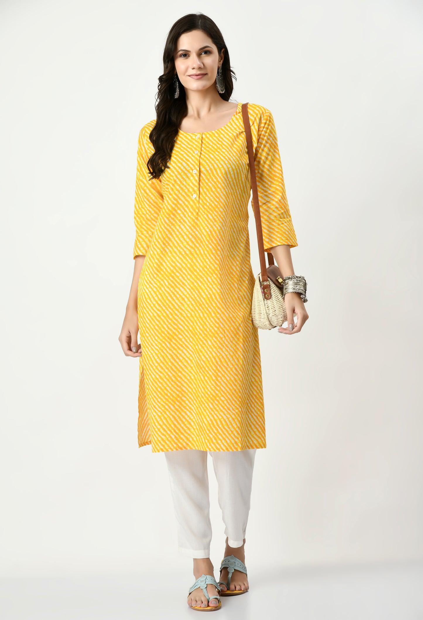 MAURYA Women's Cotton Yellow Color Lehriya Print Calf Length Round Neck Straight Kurti (MKT078)