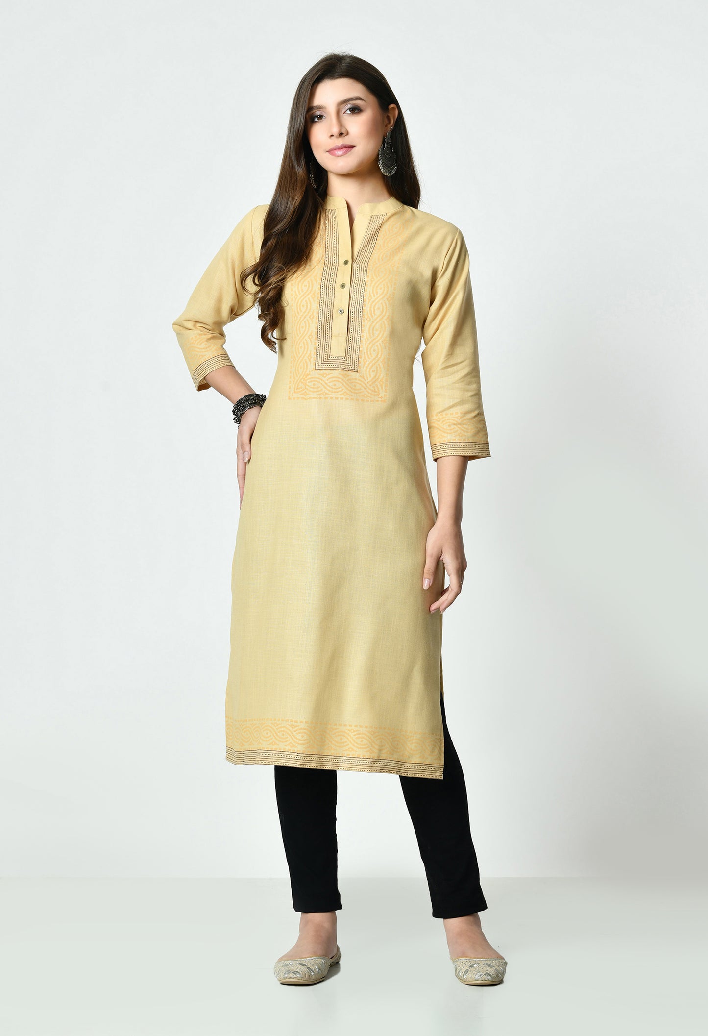 MAURYA Women's Fawn Colour Printed Straight Cotton Kurti (MKT152)