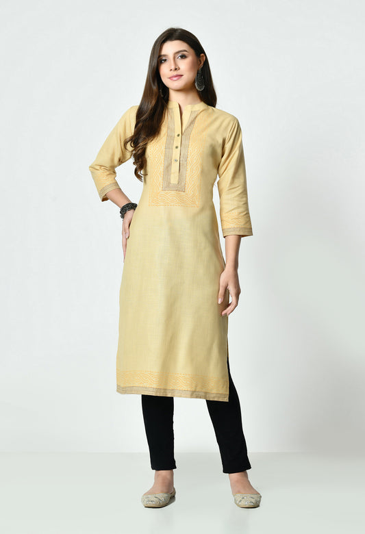 MAURYA Women's Fawn Colour Printed Straight Cotton Kurti (MKT152)