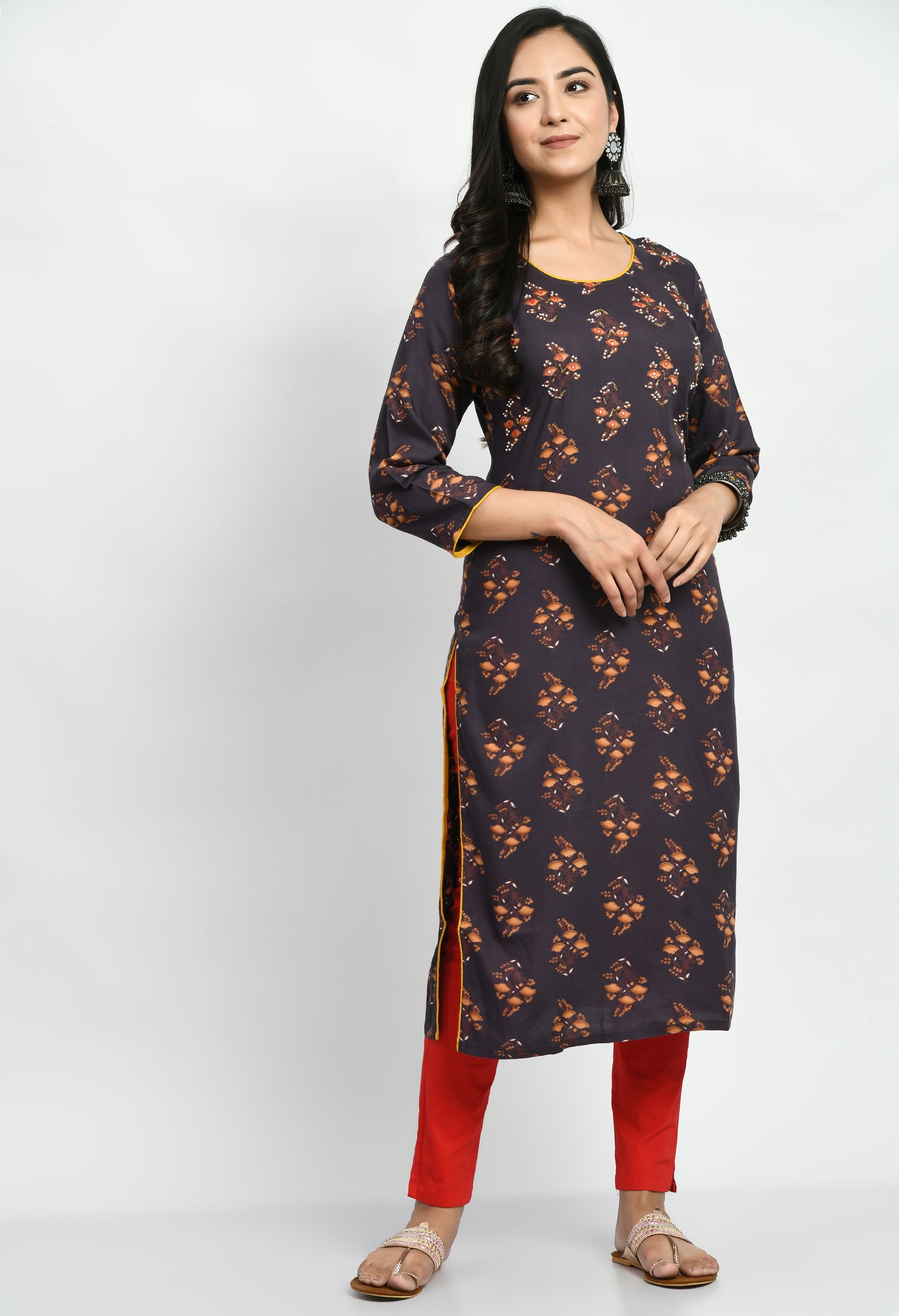 MAURYA Women's Rayon Coffee Solid Calf Length Floral Print with Beads and Mirror Straight Kurti with Mask (MKT047)