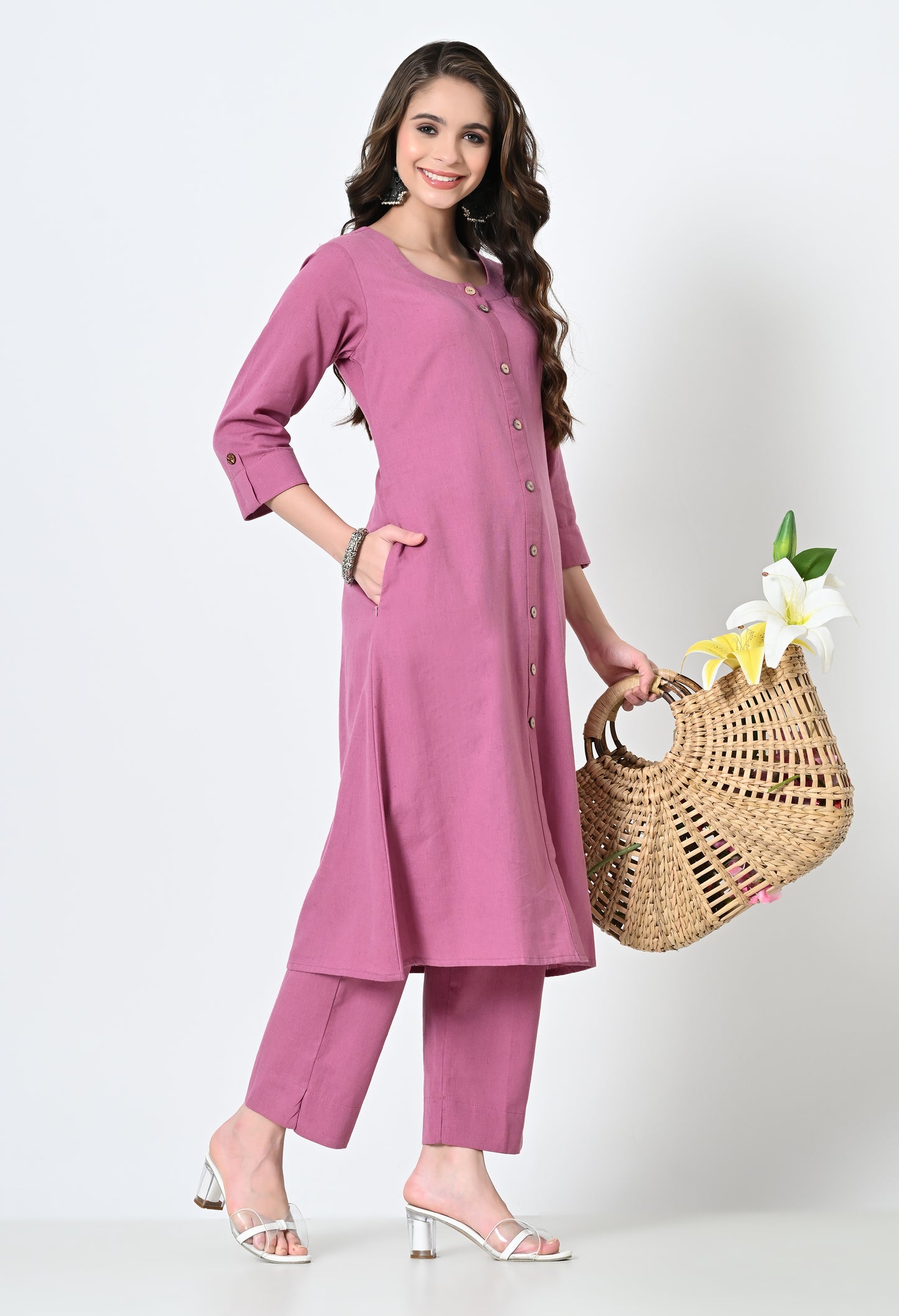 MAURYA Women's Cotton Flex Solid Piyaji A line Buttoned Kurta with Pant with 2 Side Pocket (MKS047)