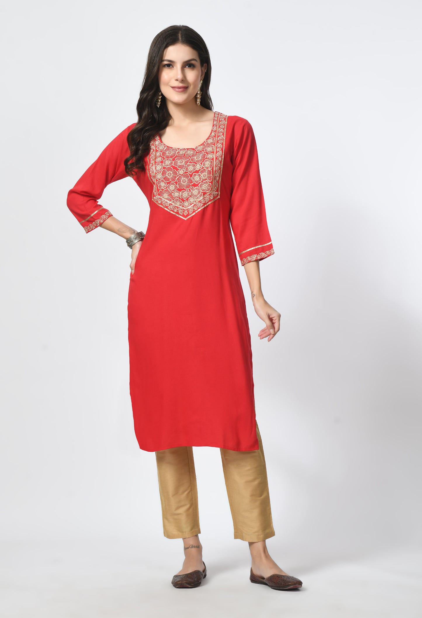 MAURYA Women's Red Rayon Solid Straight Kurta with Computer Embroidery Kurti (MKT115)