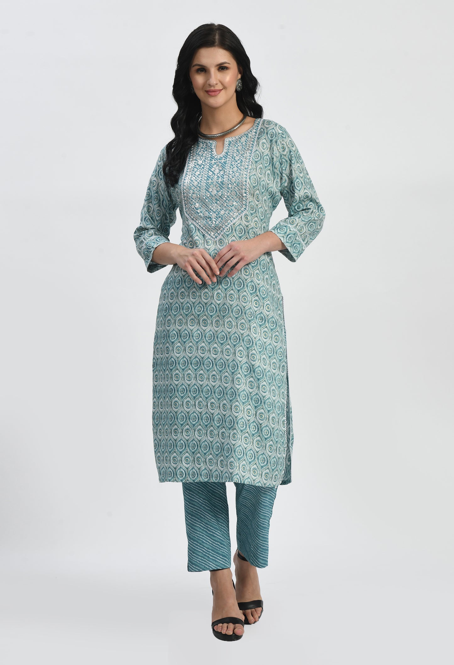 MAURYA Women's Rayon Slub Rama Eyes Print Computer Embroidery with Sippi Work A line Kurta with Pant & Dupatta (MKS041)