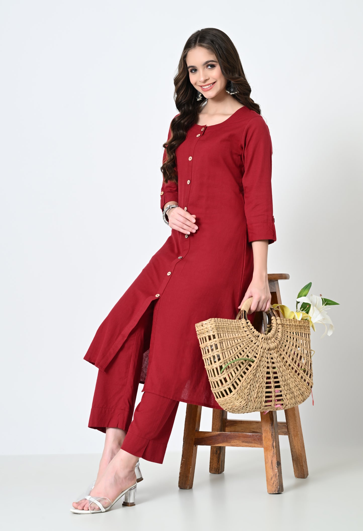 MAURYA Women's Cotton Flex Solid Maroon A line Buttoned Kurta with Pant with 2 Side Pocket (MKS046)