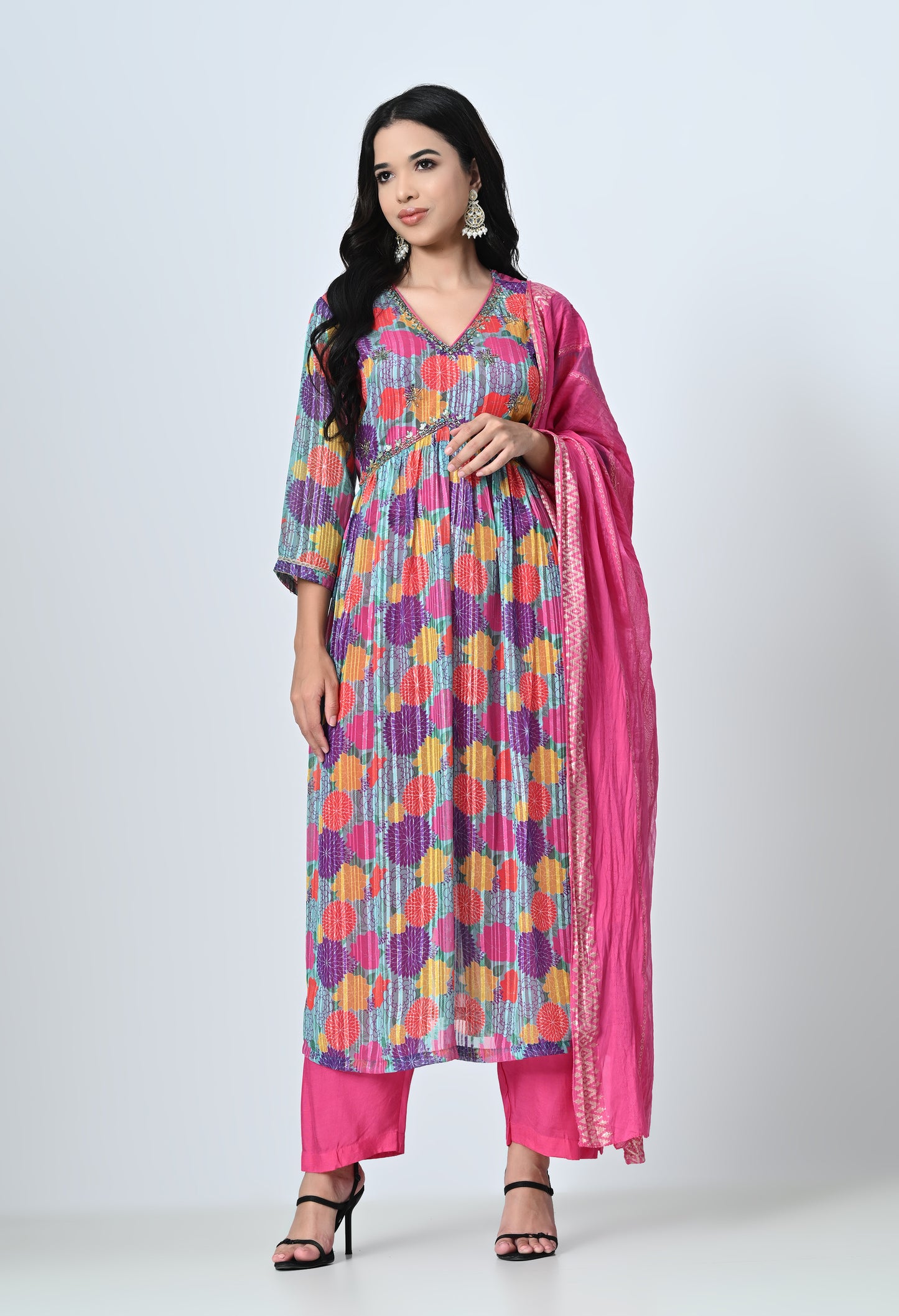 MAURYA Women's Chiffon Pink Colour Hand Work Party Wear Naira Kurta Set with Fancy Sequence Dupatta (WMKS010)