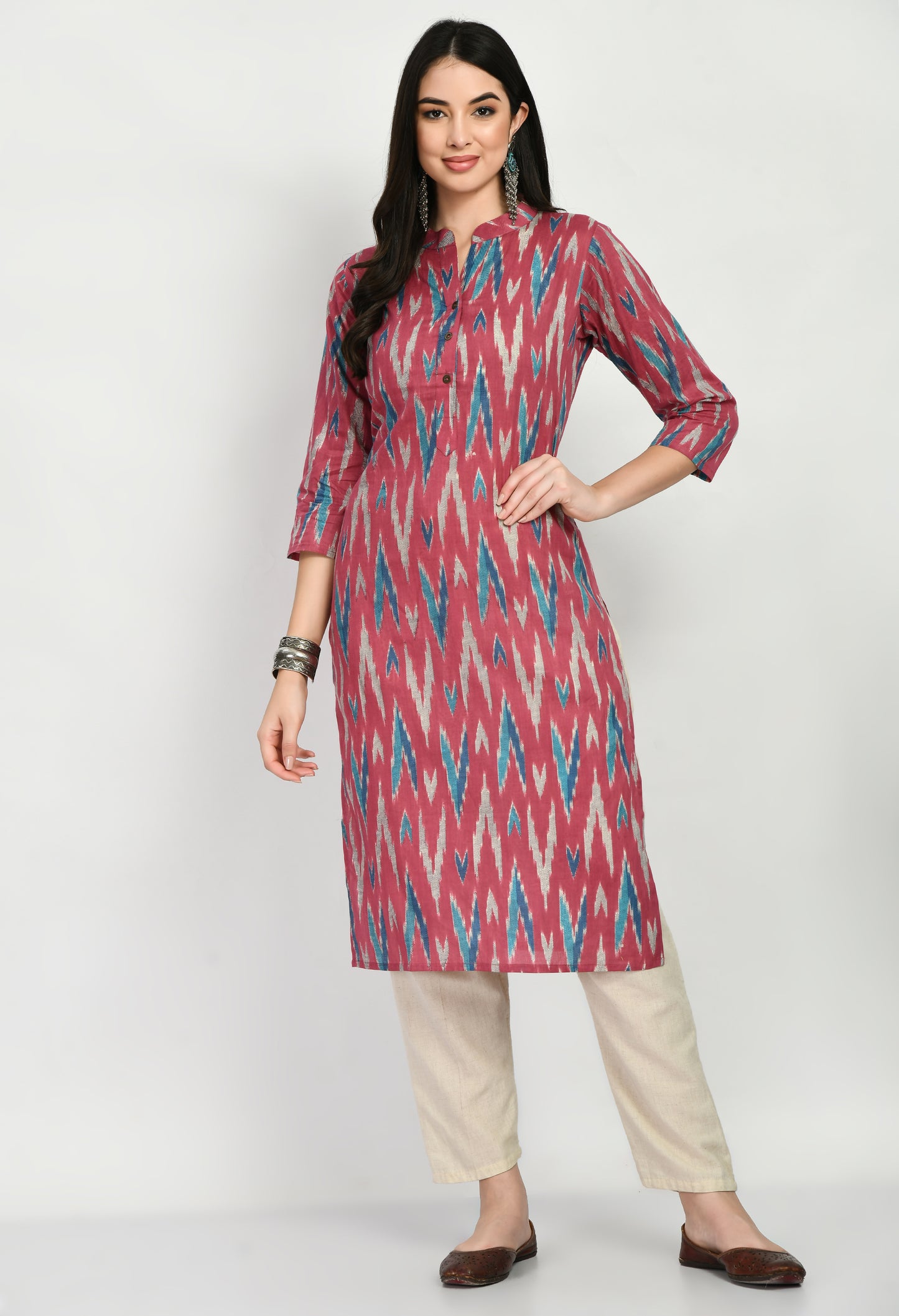 MAURYA Women's Cotton Ikkat Print Pink Color Calf Length Straight Kurta (MKT027)
