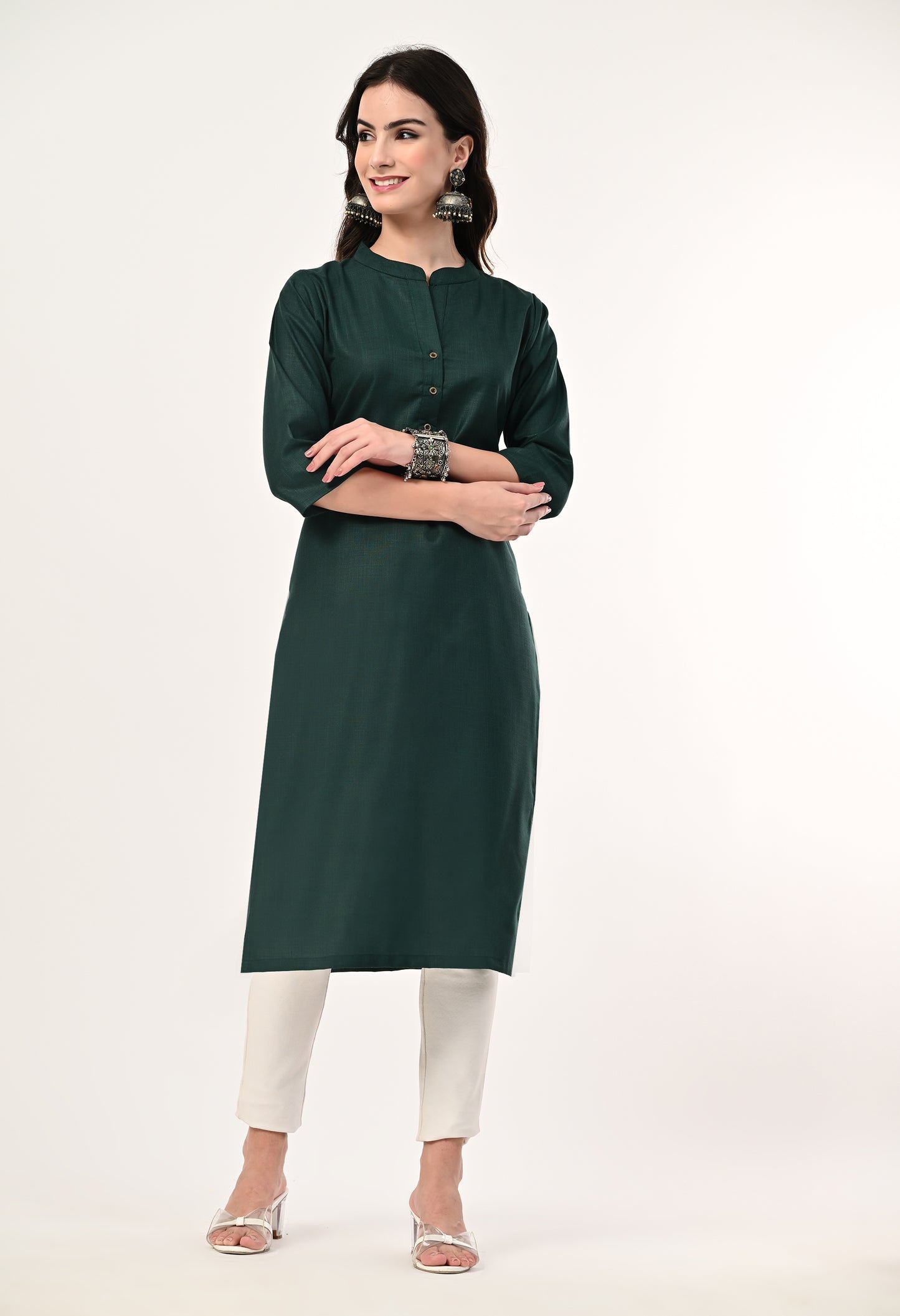 MAURYA Women's Bottel Green Cotton Blend Solid Straight Kurti (MKT141)
