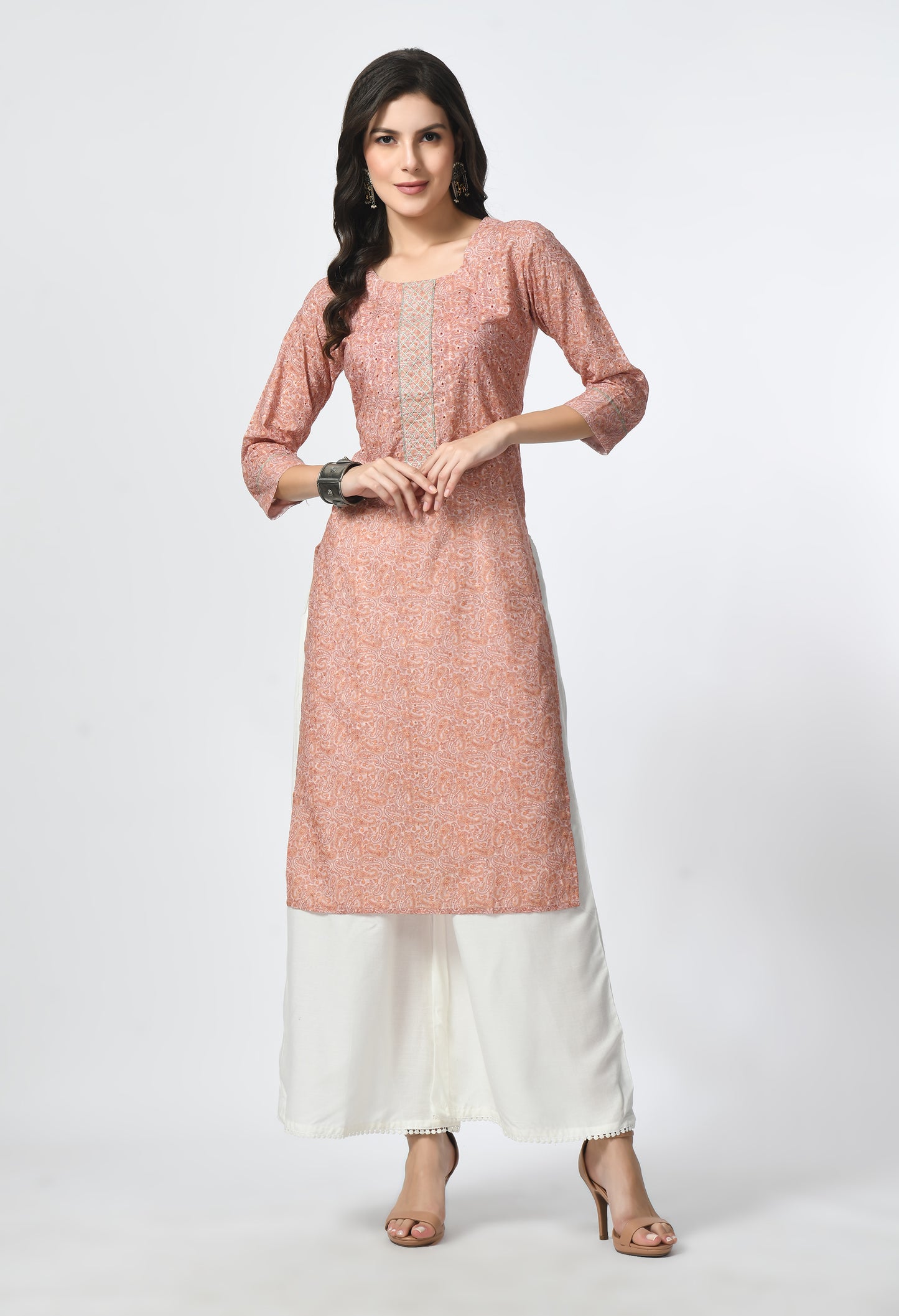MAURYA Women's Peach Cotton Paisley Straight Kurta with Shifly Embroidery Kurti (MKT117)