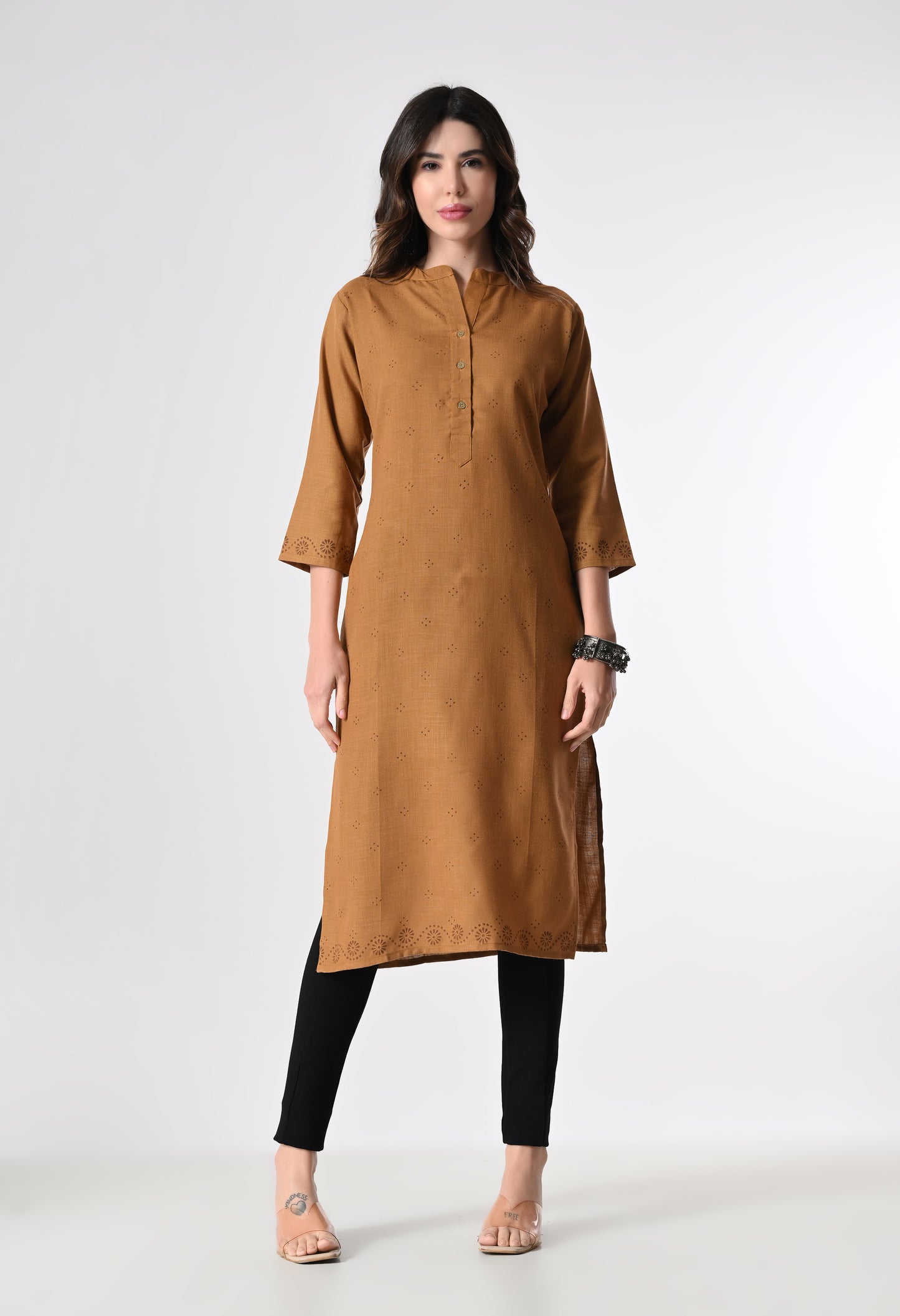 MAURYA Women's Cotton Blend Printed Coffee Calf Length High Neck Straight Kurta