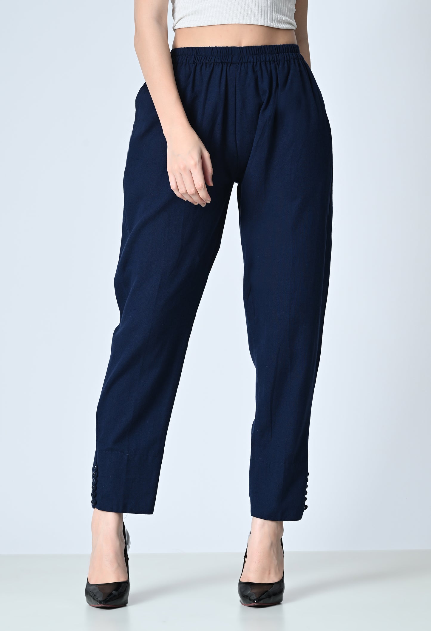 MAURYA Women's Navy 100% Cotton Full-Elasticated Waist Regular Pant with 2 Side Pockets (MPT009)