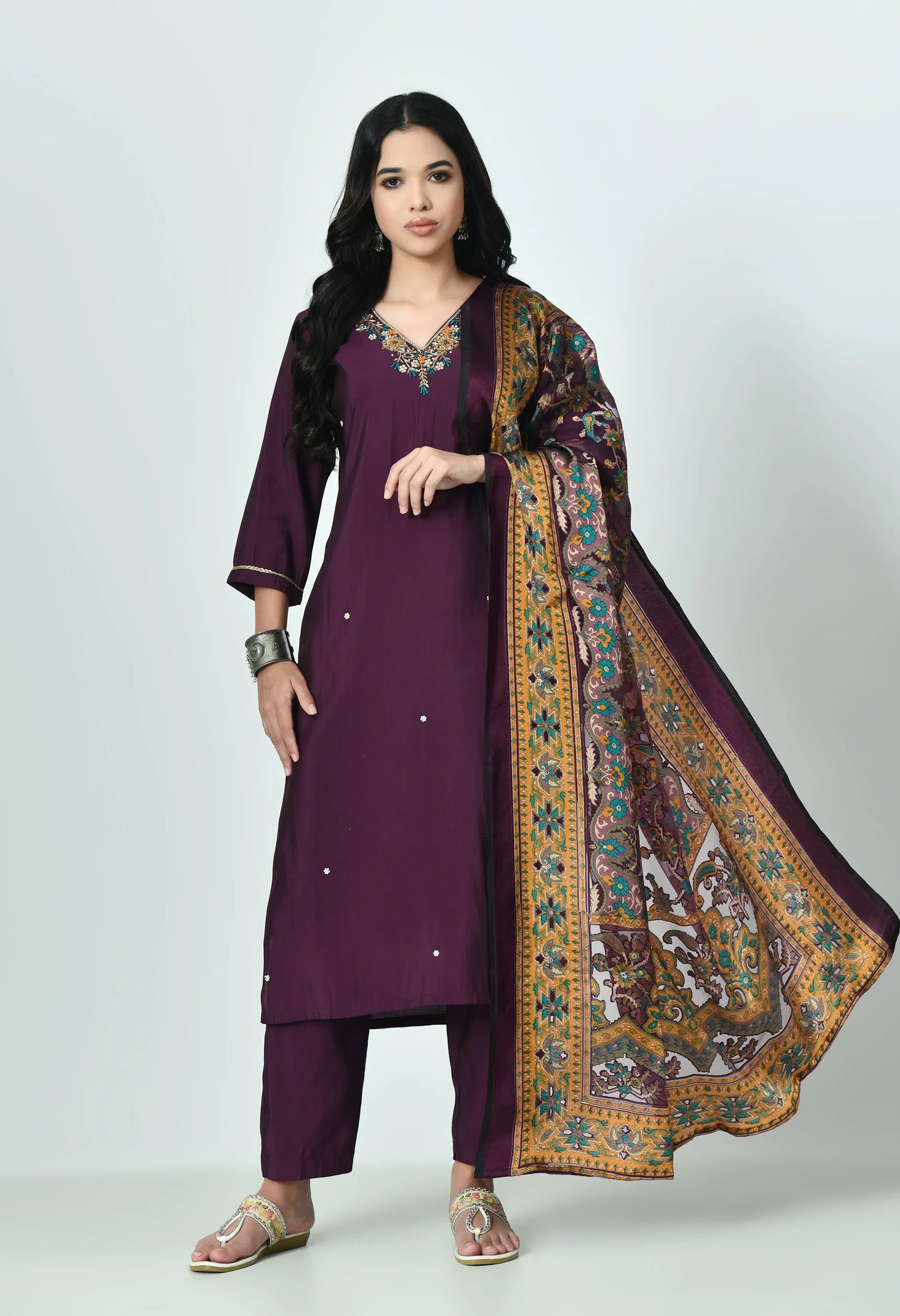 MAURYA Women's Navy Blue Colour Poly Silk Embroidered V-Neck Kurta Set with Stylish Dupatta (WMKS002)