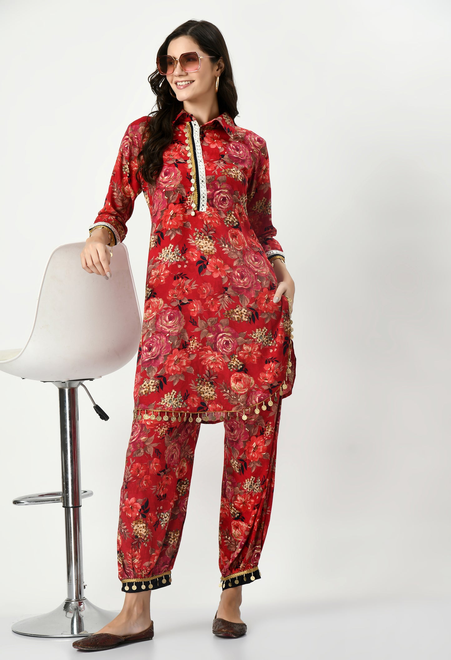 MAURYA Women's Rayon Red Floral Print Laced Ethnic Afgani Co-ord Set with 2 Side Pockets (MCS027)