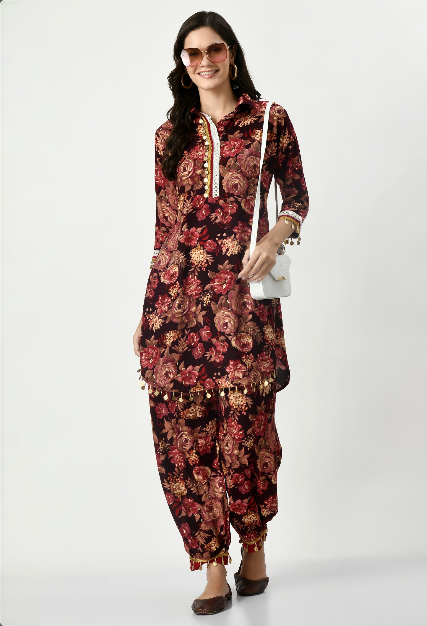 MAURYA Women's Rayon Maroon Floral Print Laced Ethnic Afgani Co-ord Set with 2 Side Pockets (MCS029)