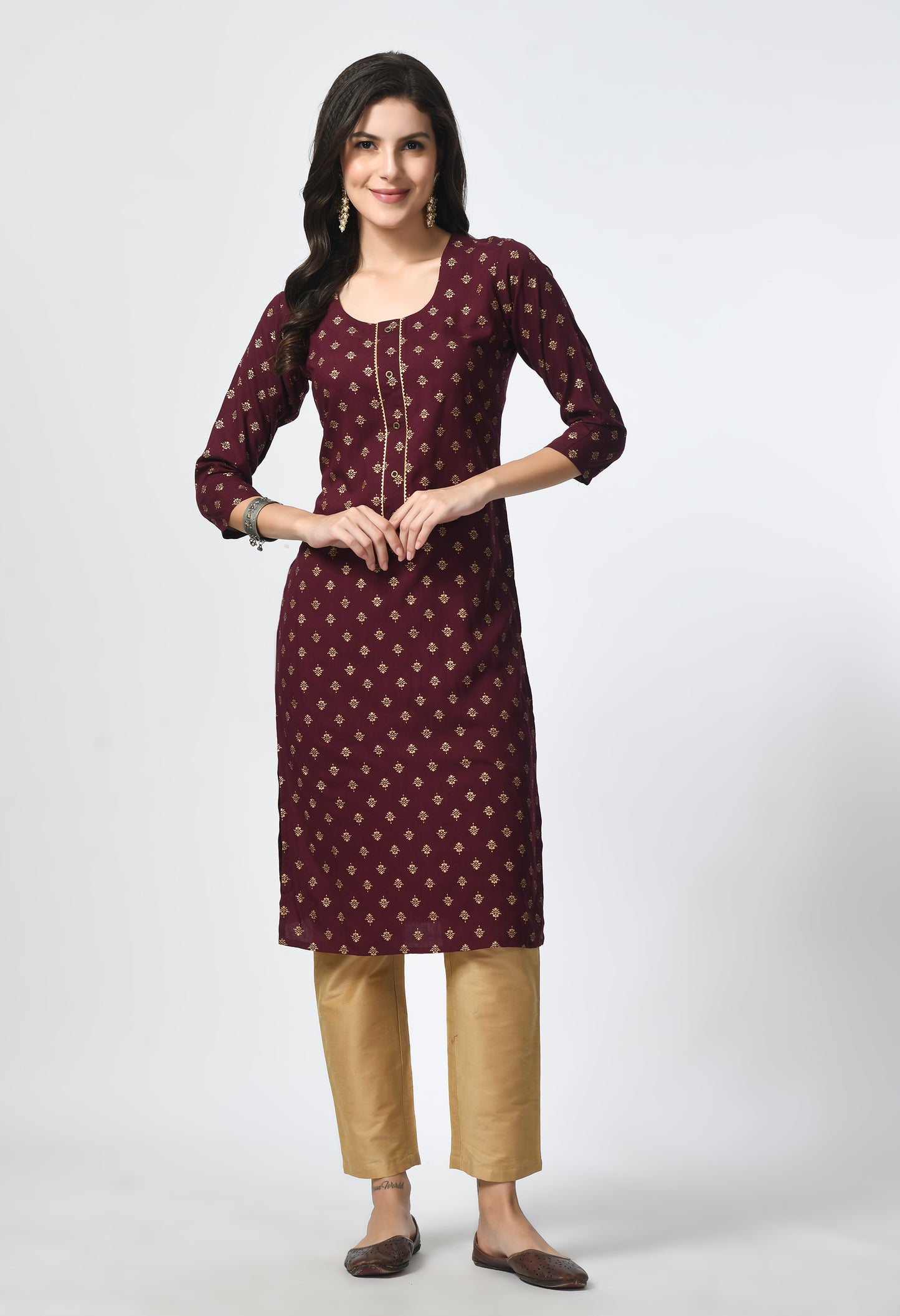 MAURYA Women's Wine Rayon 12Kg Gold Floral Print Lace with Button Straight Kurti (MKT119)