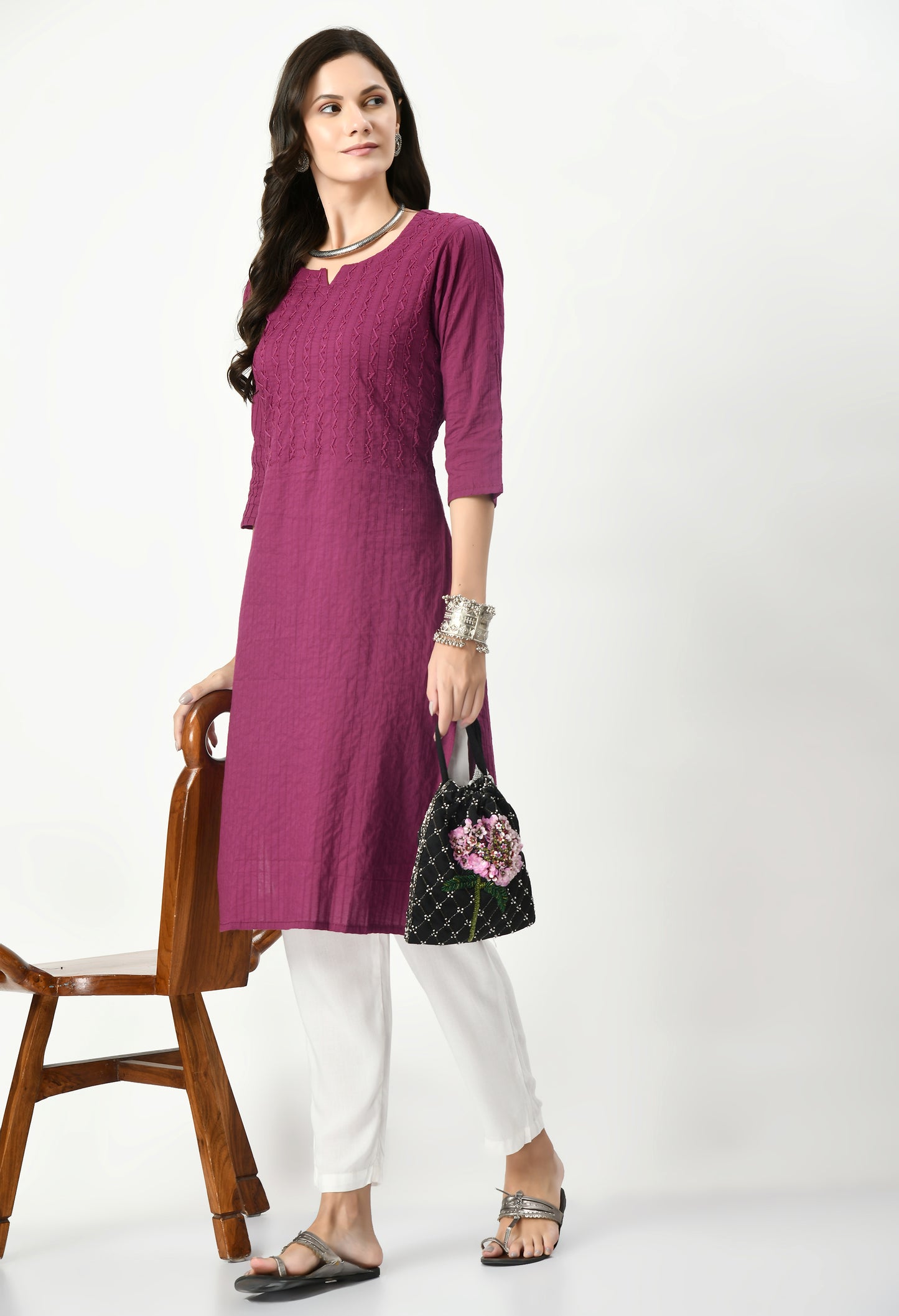 MAURYA Women's Pure Cotton Pintex Purple Hand Work Calf Length Straight Kurti (MKT080)