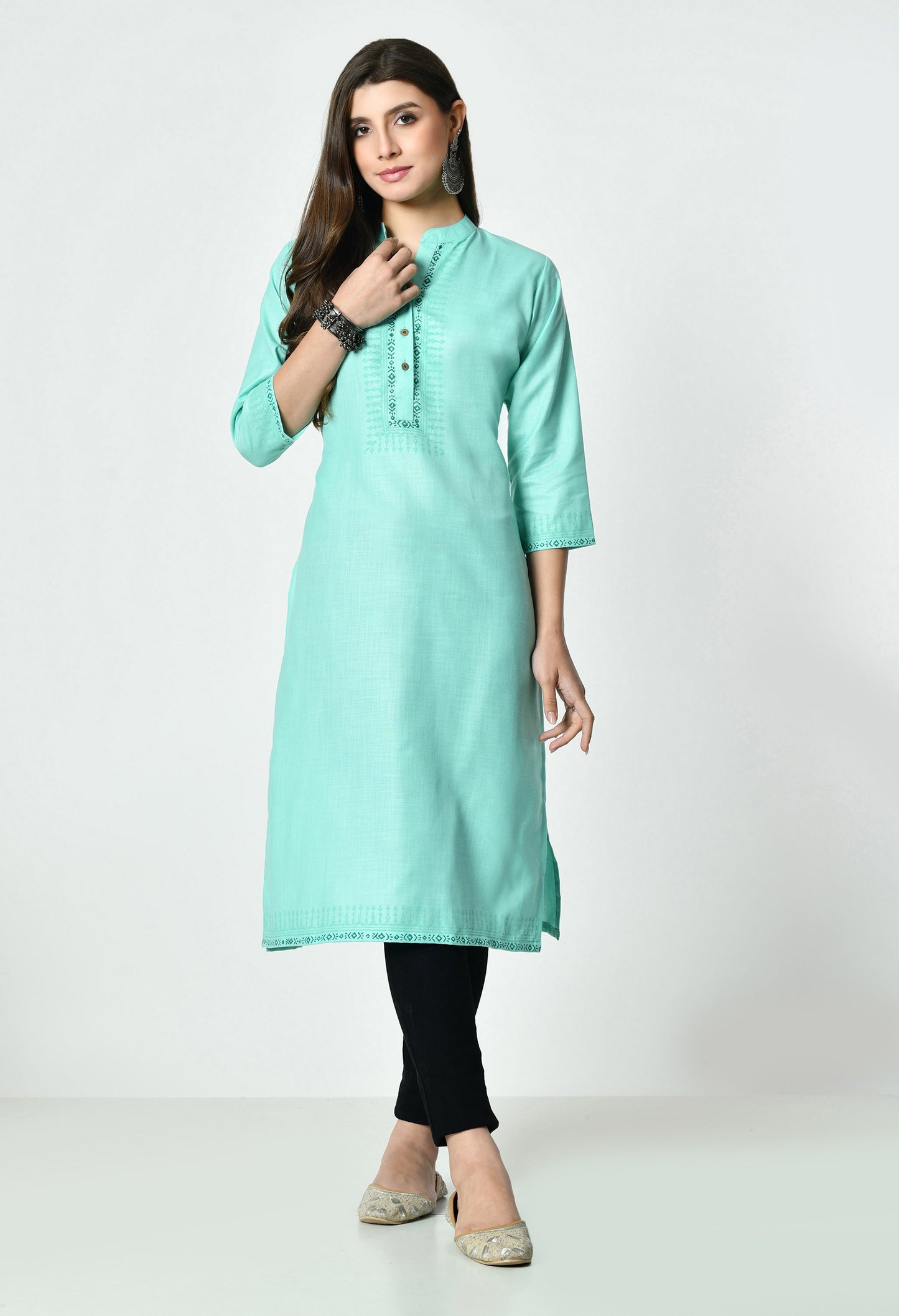 MAURYA Women's Aqua Blue Colour Printed Straight Cotton Kurti (MKT153)