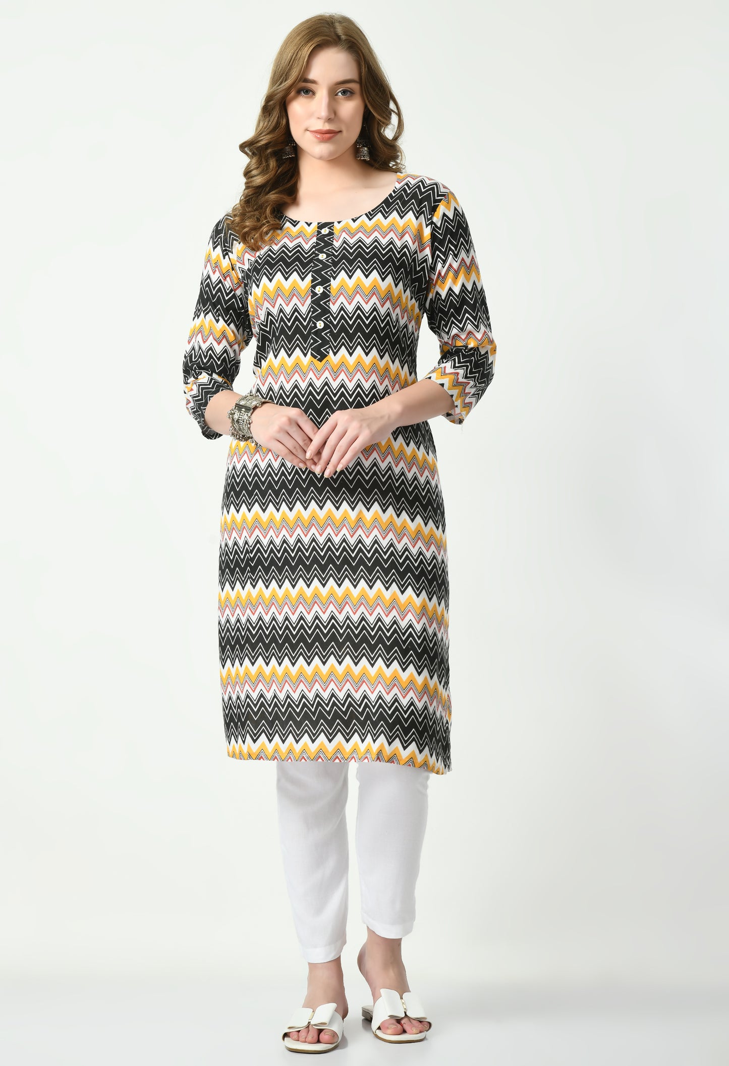 MAURYA Women's Rayon Yellow Color Zig-Zag Print Calf Length Straight Kurta with Buttons (MKT089)