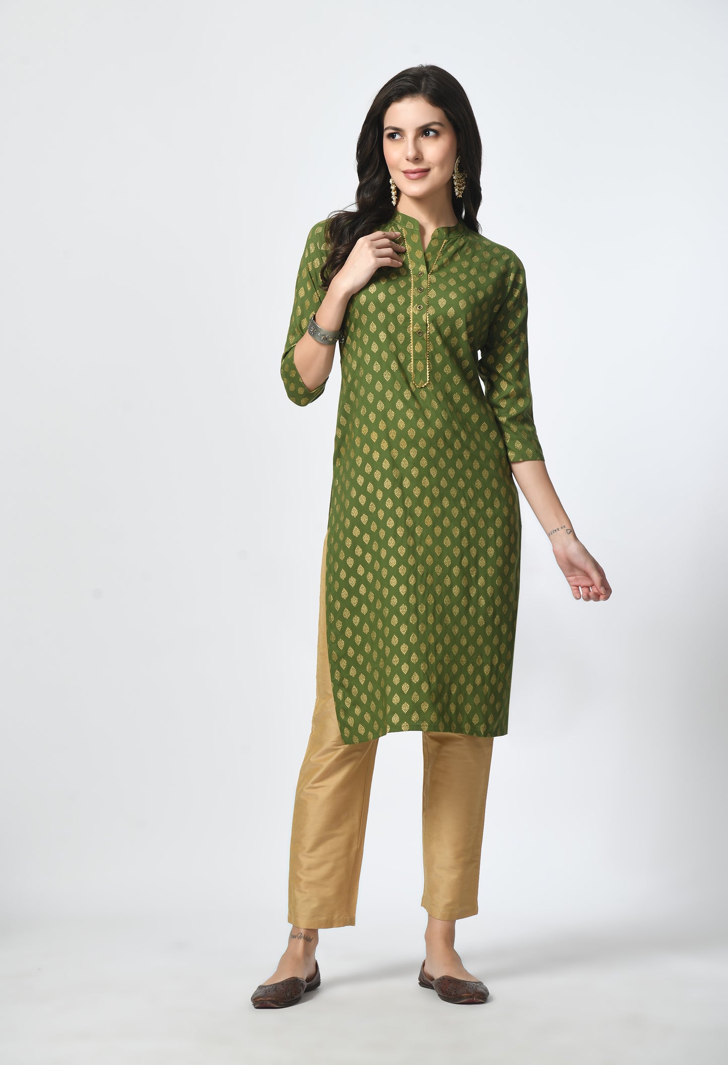 MAURYA Women's Green Rayon 12Kg Gold Floral Print Functional Button Straight Kurti (MKT121)