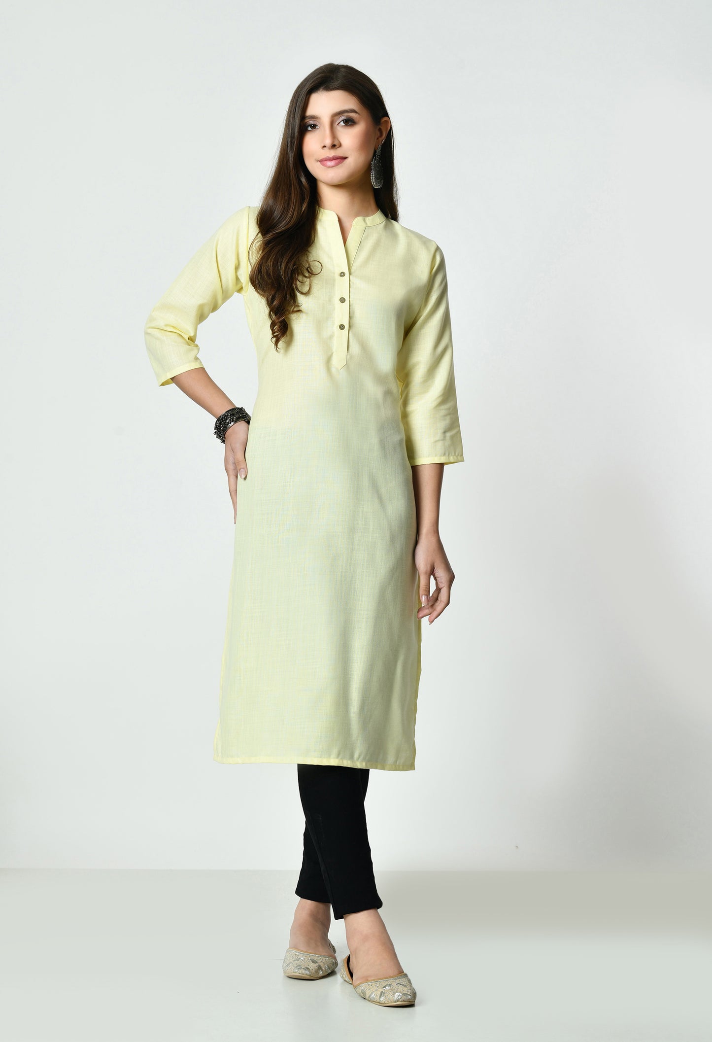 MAURYA Women's Light Yellow Colour Solid Straight Cotton Kurti (MKT149)