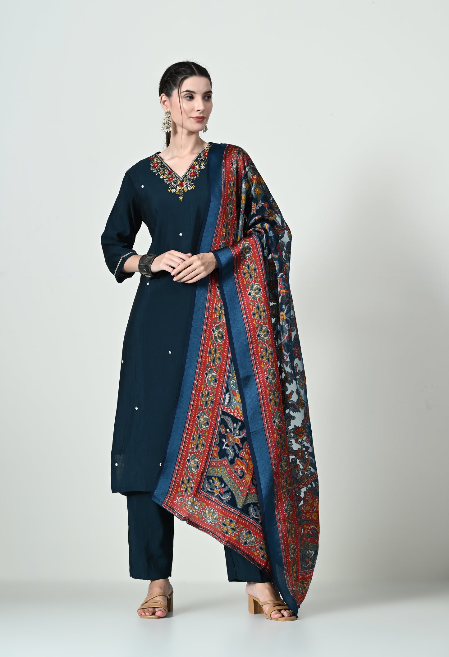 MAURYA Women's Navy Blue Colour Poly Silk Embroidered V-Neck Kurta Set with Stylish Dupatta (WMKS002)