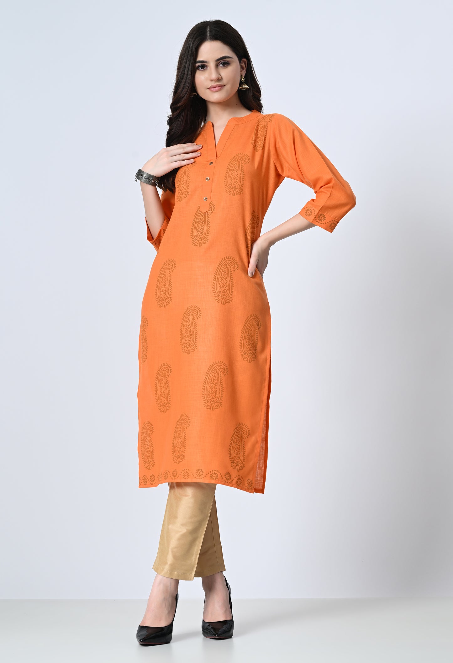MAURYA Women's Cotton Blend Printed Orange Calf Length High Neck Straight Kurta (MKT138)