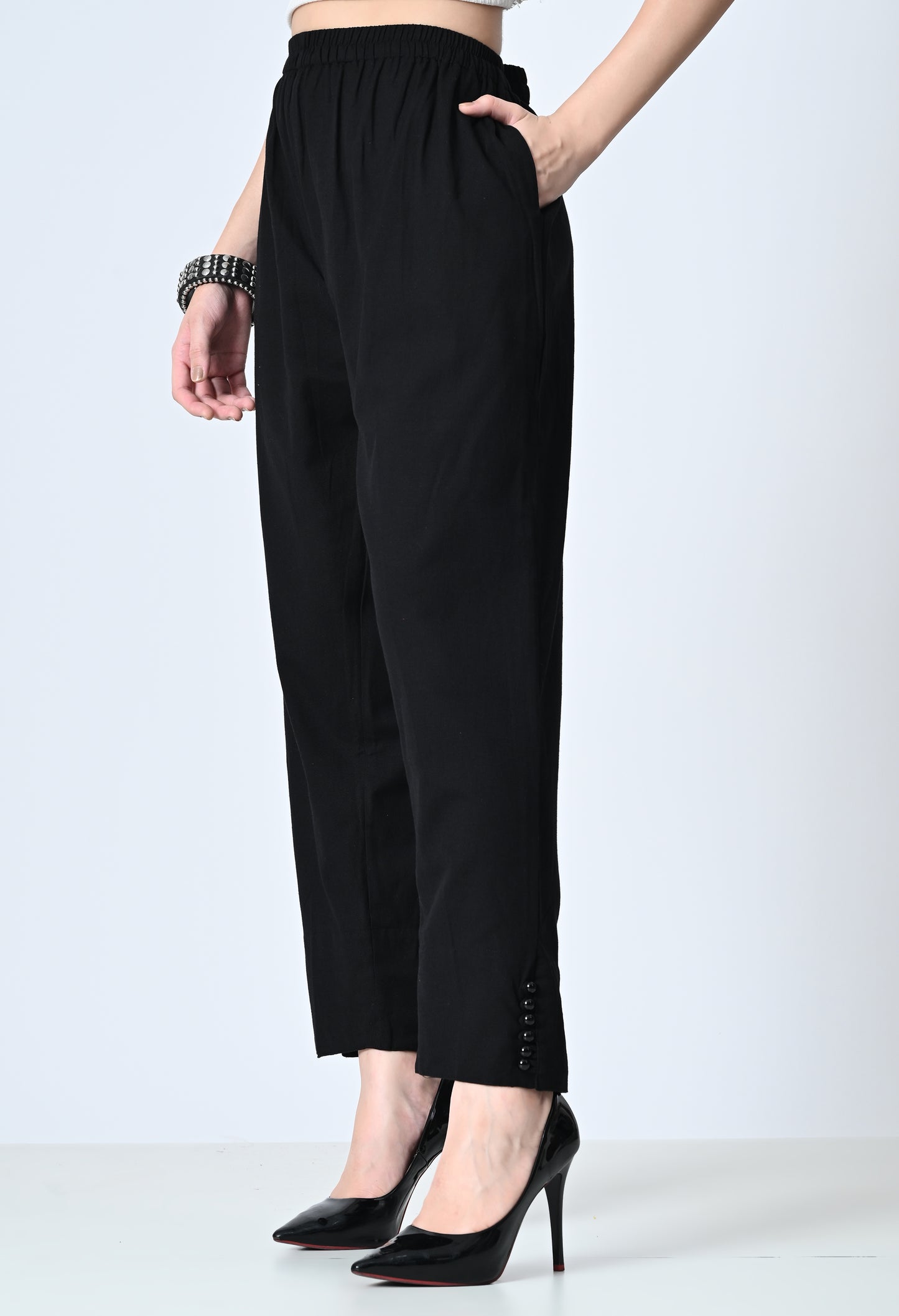 MAURYA Women's Black 100% Cotton Full-Elasticated Waist Regular Pant with 2 Side Pockets (MPT011)