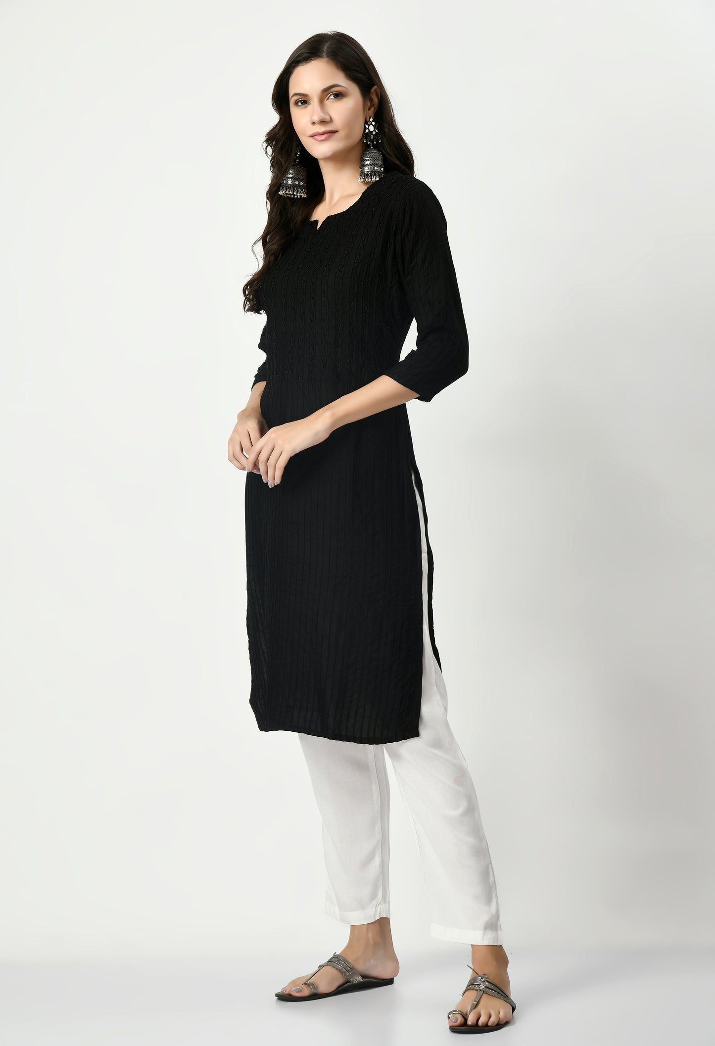 MAURYA Women's Pure Cotton Pintex Black Hand Work Calf Length Straight Kurti (MKT079)