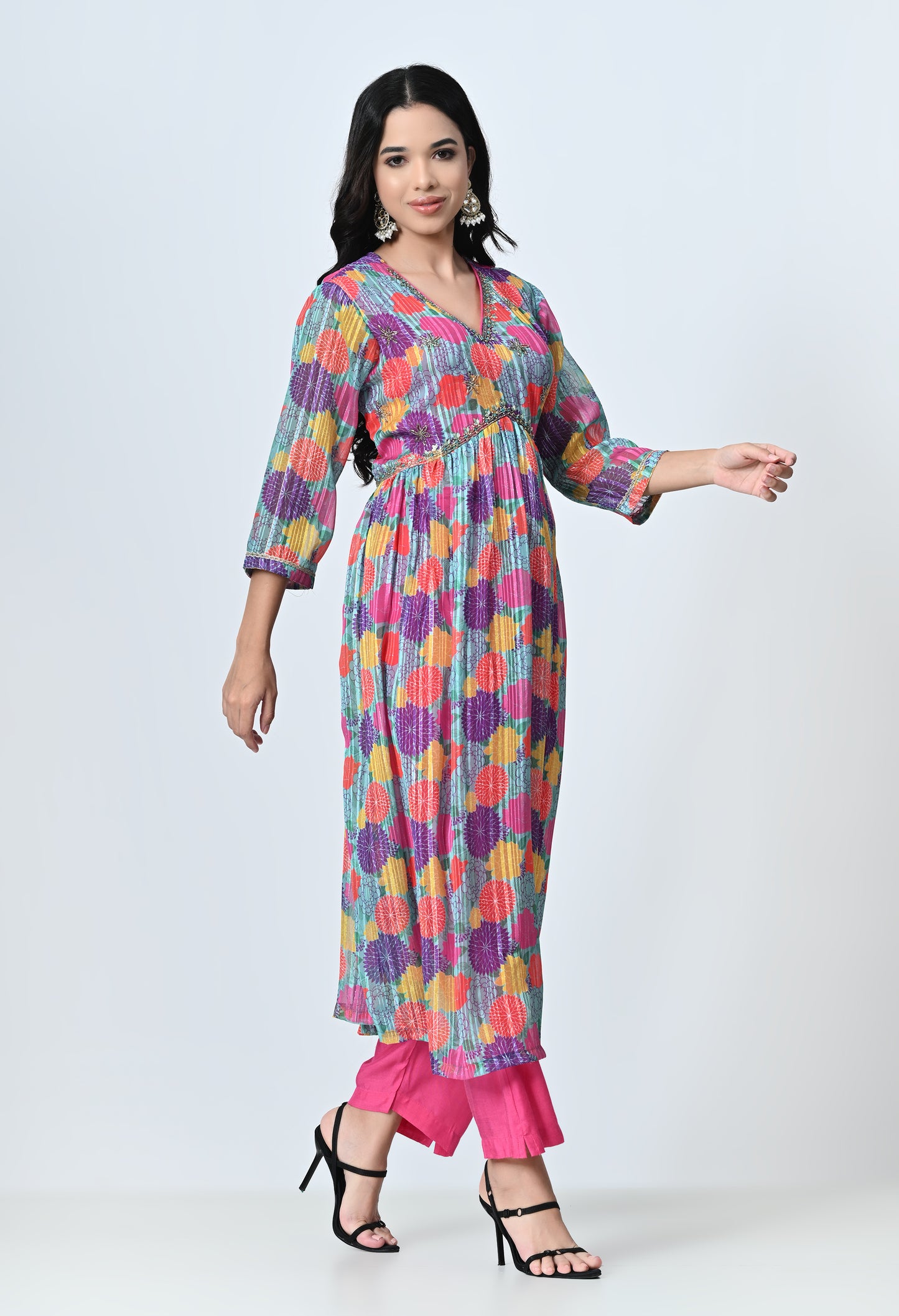 MAURYA Women's Chiffon Pink Colour Hand Work Party Wear Naira Kurta Set with Fancy Sequence Dupatta (WMKS010)