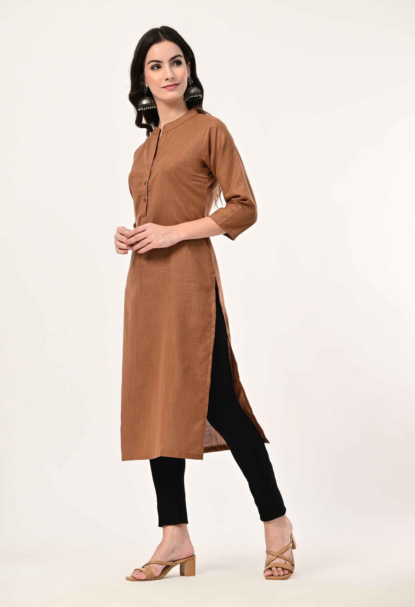 MAURYA Women's Coffee Cotton Blend Solid Straight Kurti (MKT142)
