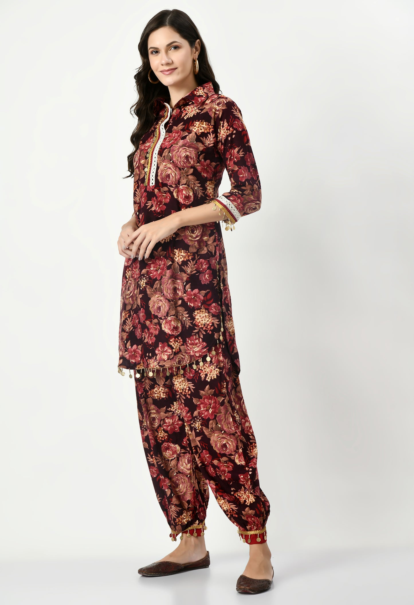 MAURYA Women's Rayon Maroon Floral Print Laced Ethnic Afgani Co-ord Set with 2 Side Pockets (MCS029)