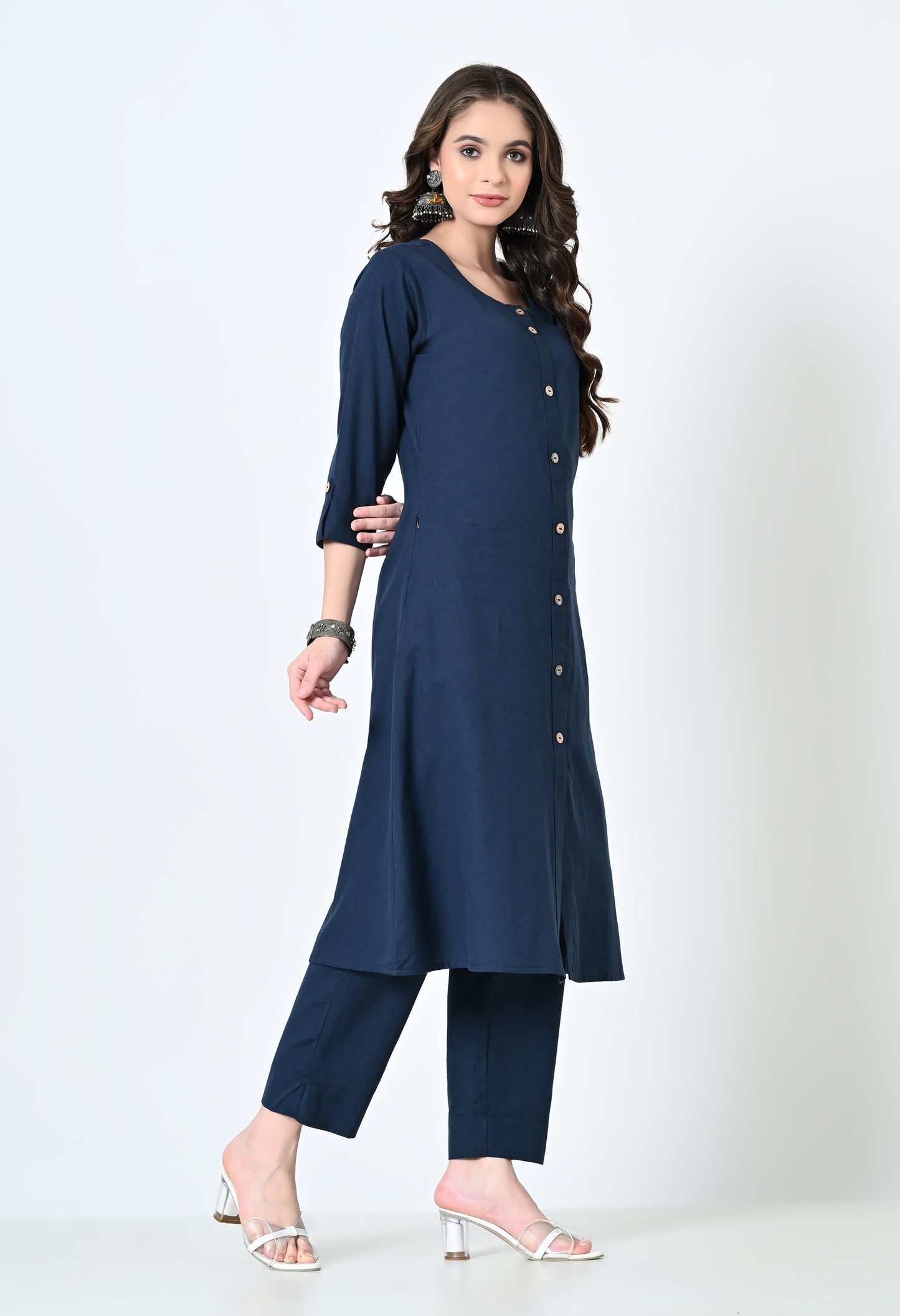 MAURYA Women's Cotton Flex Solid Blue A line Buttoned Kurta with Pant with 2 Side Pocket (MKS042)