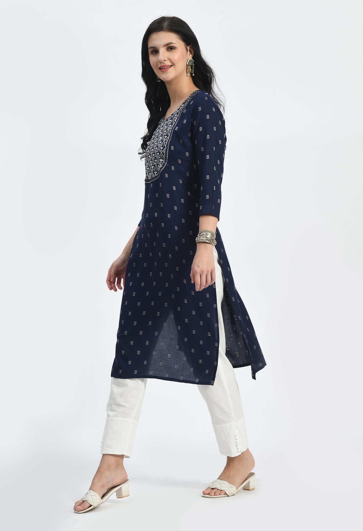 MAURYA Women's Navy Self Rayon Boota Solid Straight Kurta with Computer Embroidery Mirror Work Kurti (MKT112)