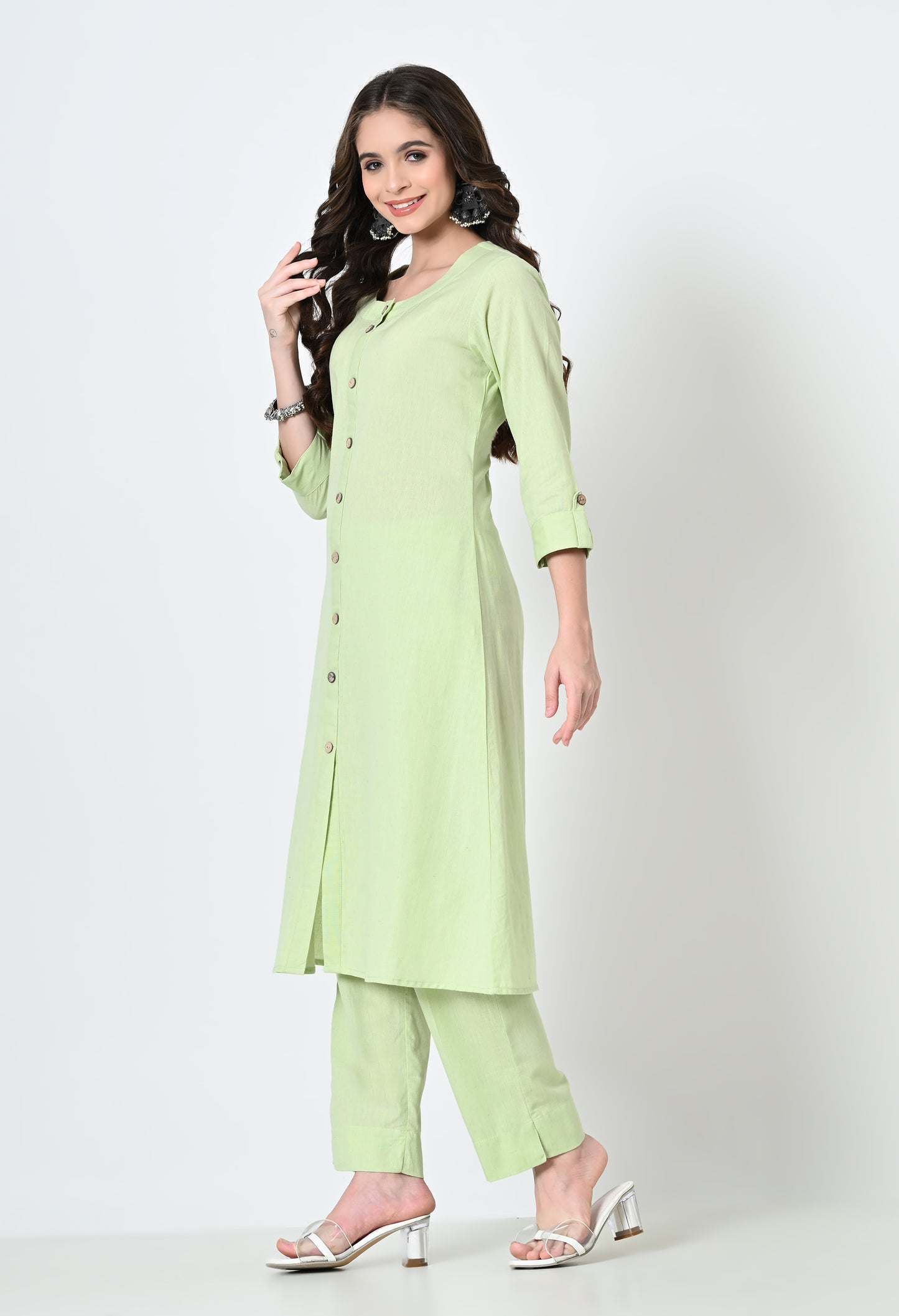 MAURYA Women's Cotton Flex Solid Pista A line Buttoned Kurta with Pant with 2 Side Pocket (MKS045)