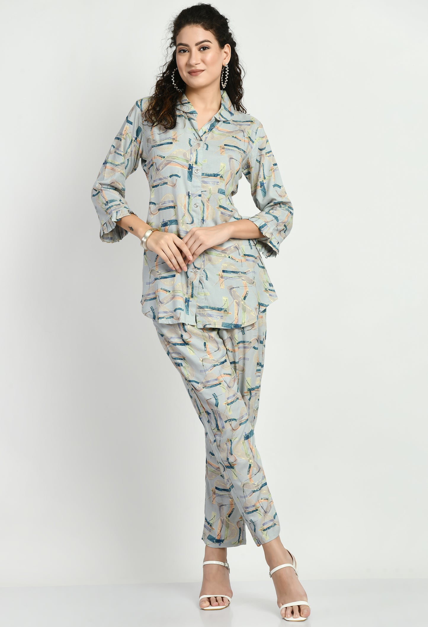 MAURYA Women's Abstract Print Rayon Sky Blue Co-ord Set with 1 Side Pocket (MCS006)