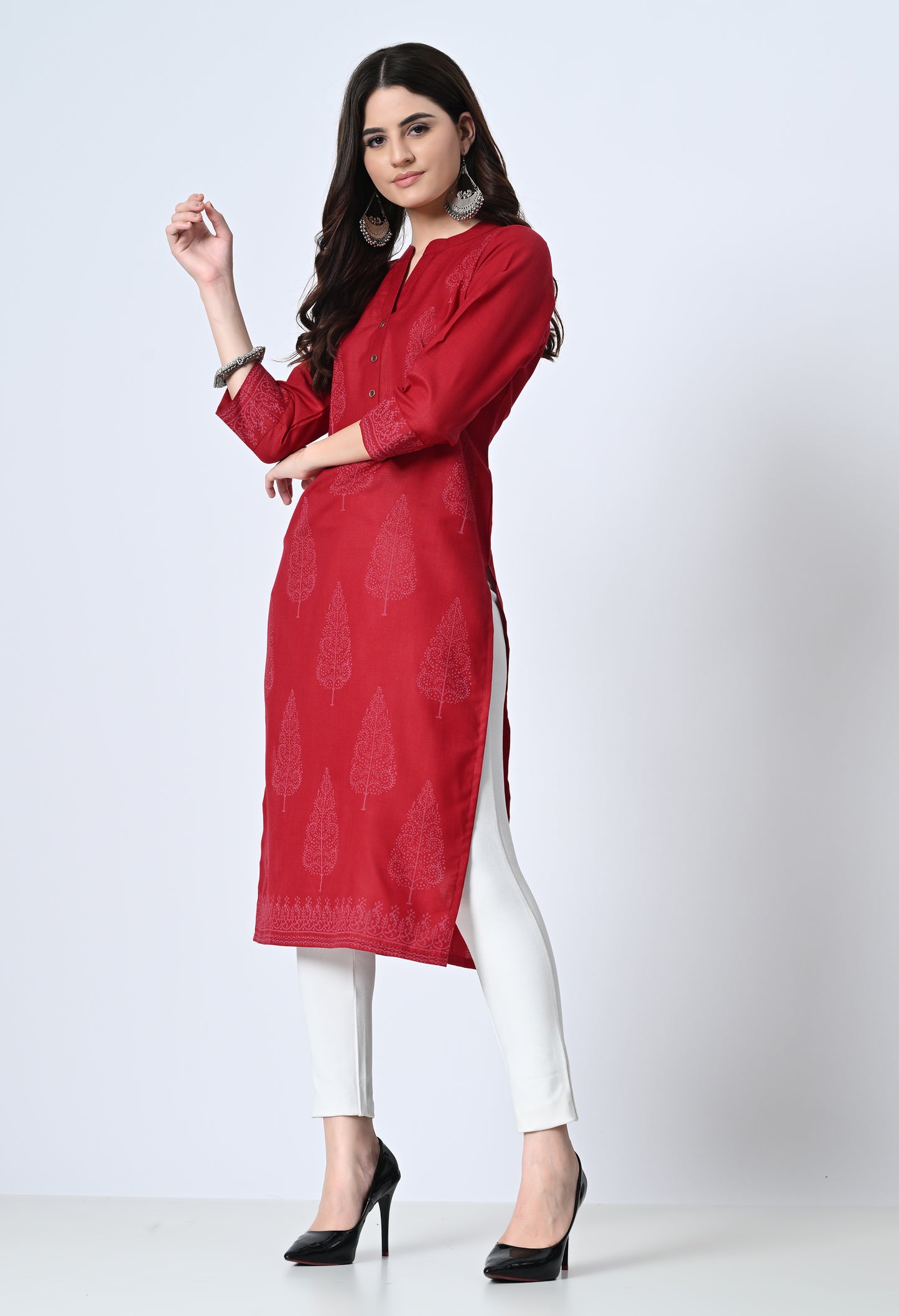 MAURYA Women's Cotton Blend Printed Maroon Calf Length High Neck Straight Kurta (MKT139)