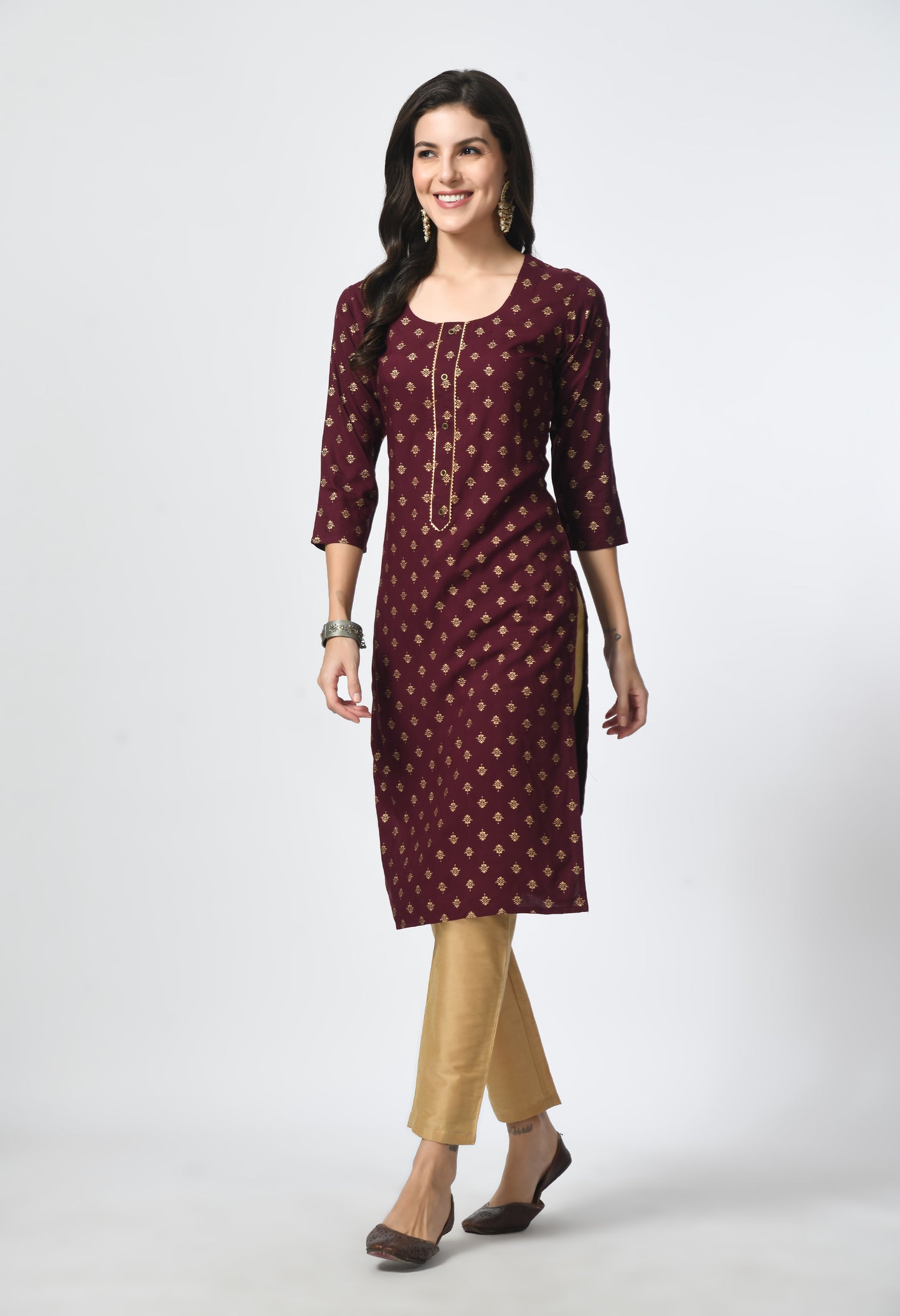 MAURYA Women's Wine Rayon 12Kg Gold Floral Print Lace with Button Straight Kurti (MKT119)