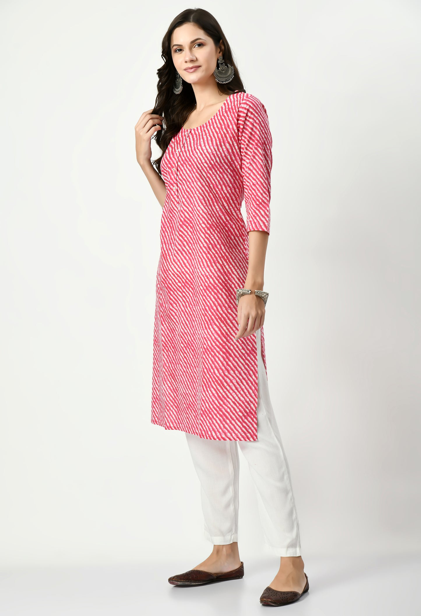 MAURYA Women's Cotton Pink Color Lehriya Print Calf Length Rround Neck Straight Kurti (MKT074)