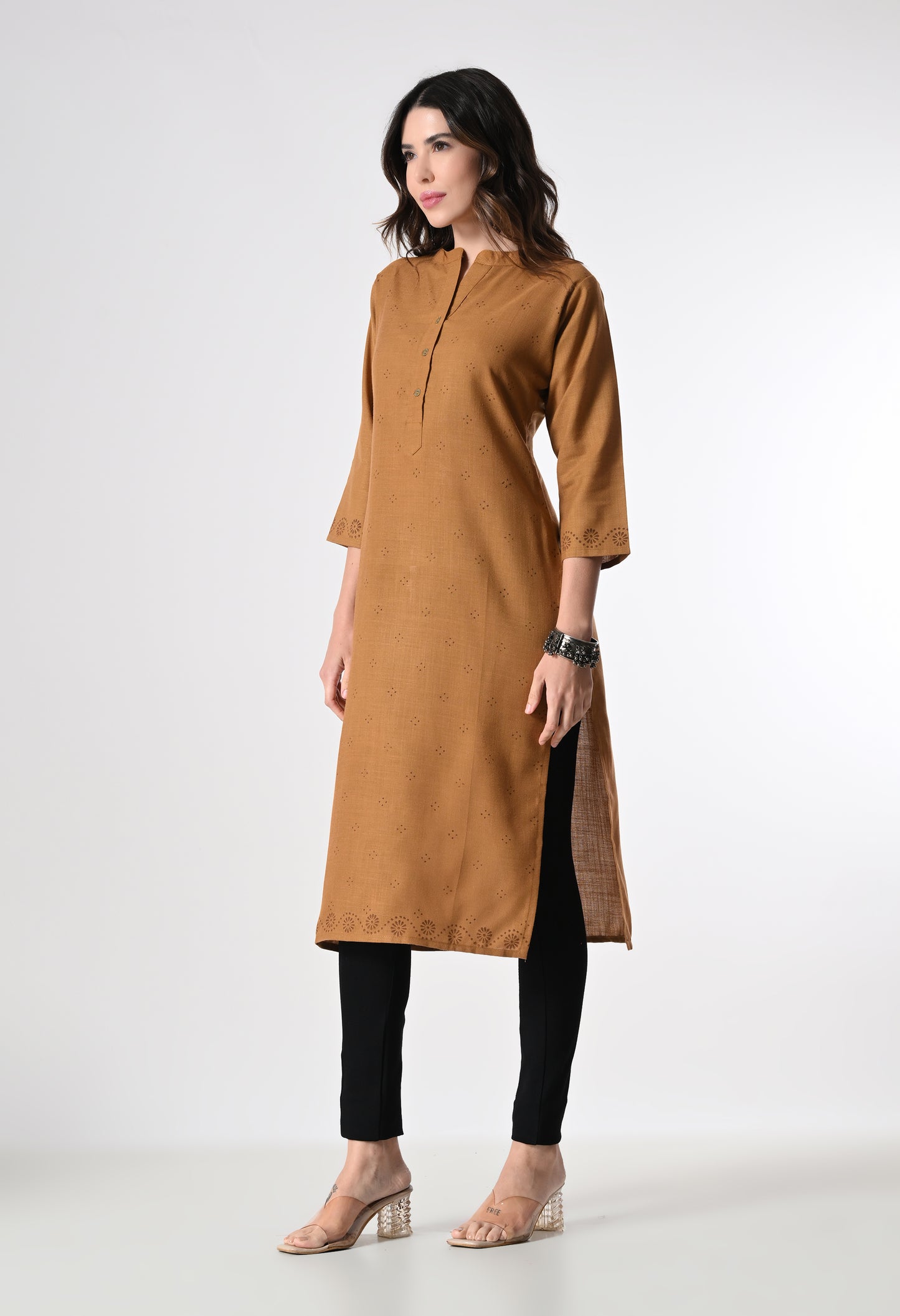 MAURYA Women's Cotton Blend Printed Coffee Calf Length High Neck Straight Kurta