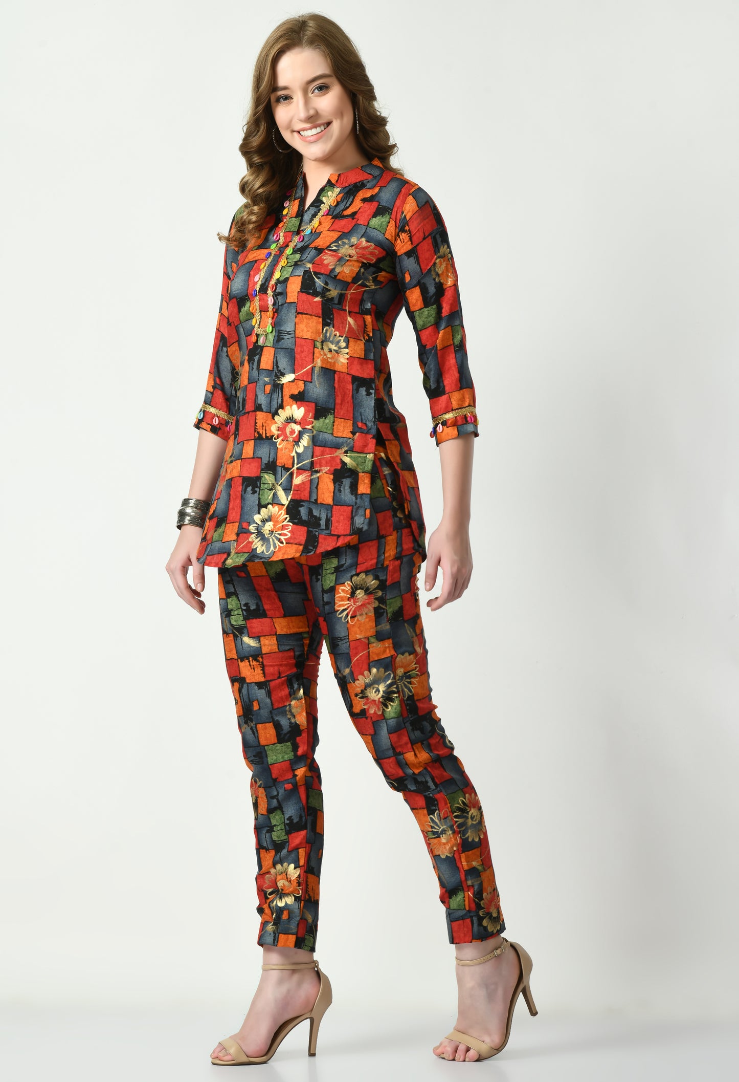 MAURYA Women's Muslin Rust Colour Printed High Neck Kurta Pant Set (MCS046)