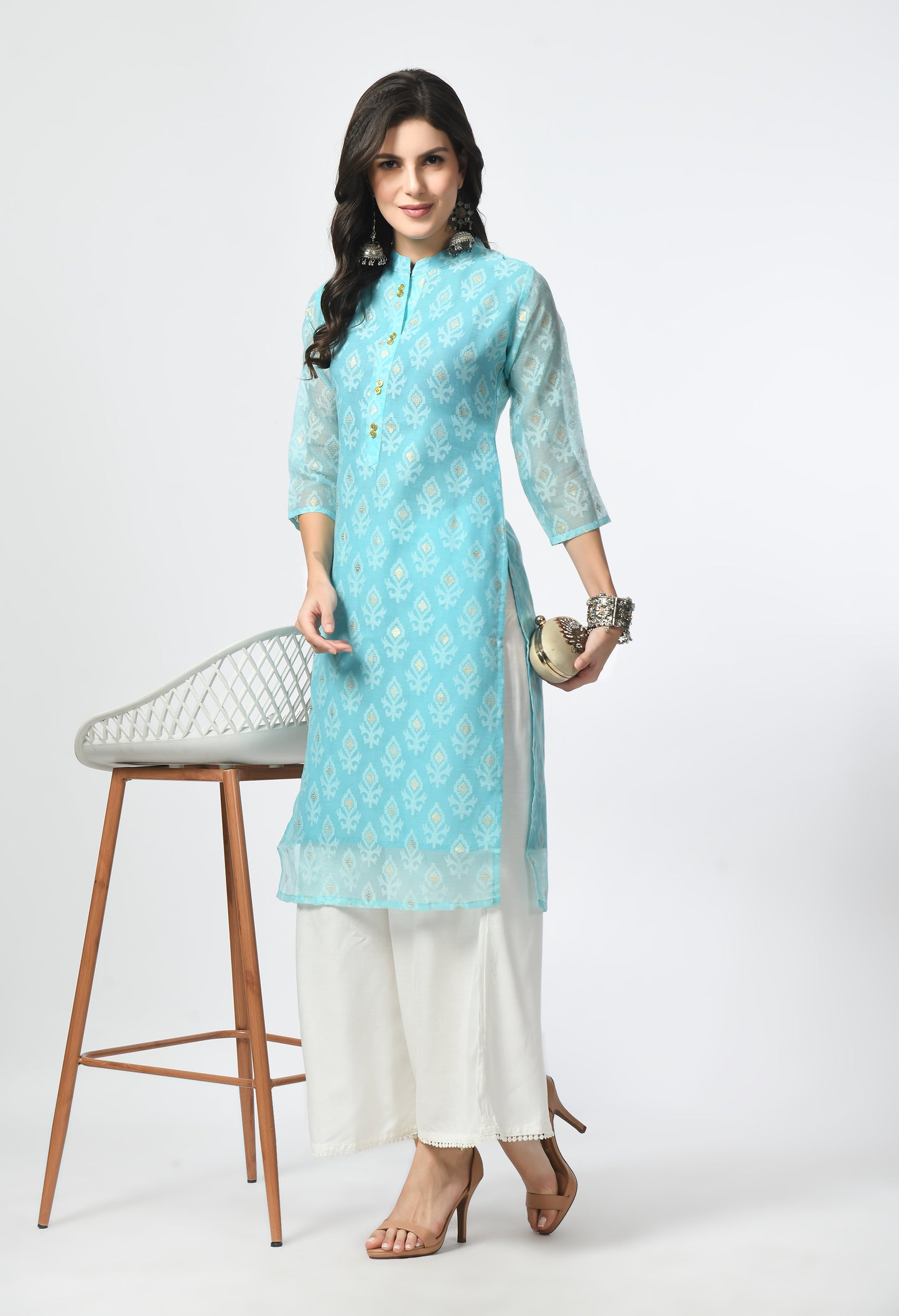 MAURYA Women's Rama Color Chanderi Braso Floral Print Straight Kurta with Cotton Lining Kurti (MKT108)