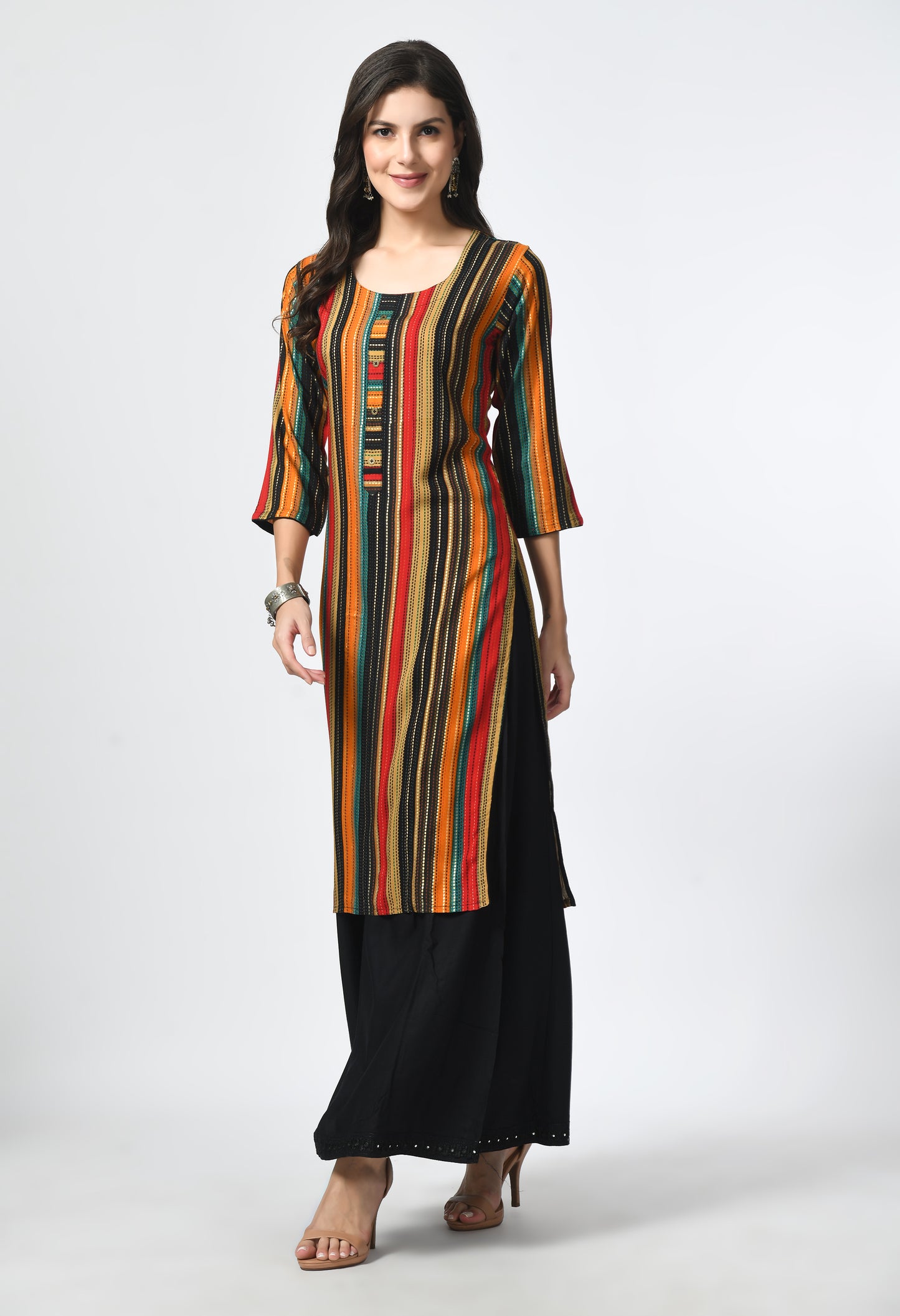MAURYA Women's Multicolor Rayon 12Kg Striped Straight Button Kurti (MKT118)