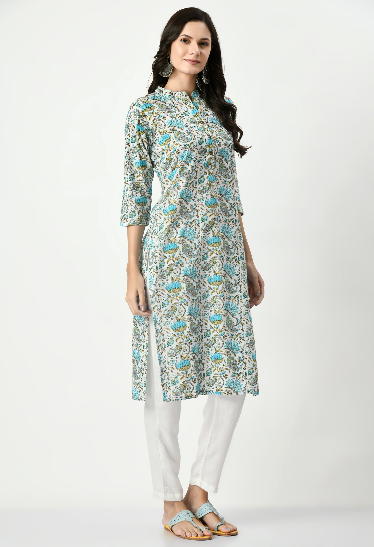 MAURYA Women's Pure Cotton Multicolor Calf Length Floral Print with Functional Buttons Straight Kurti (MKT077)