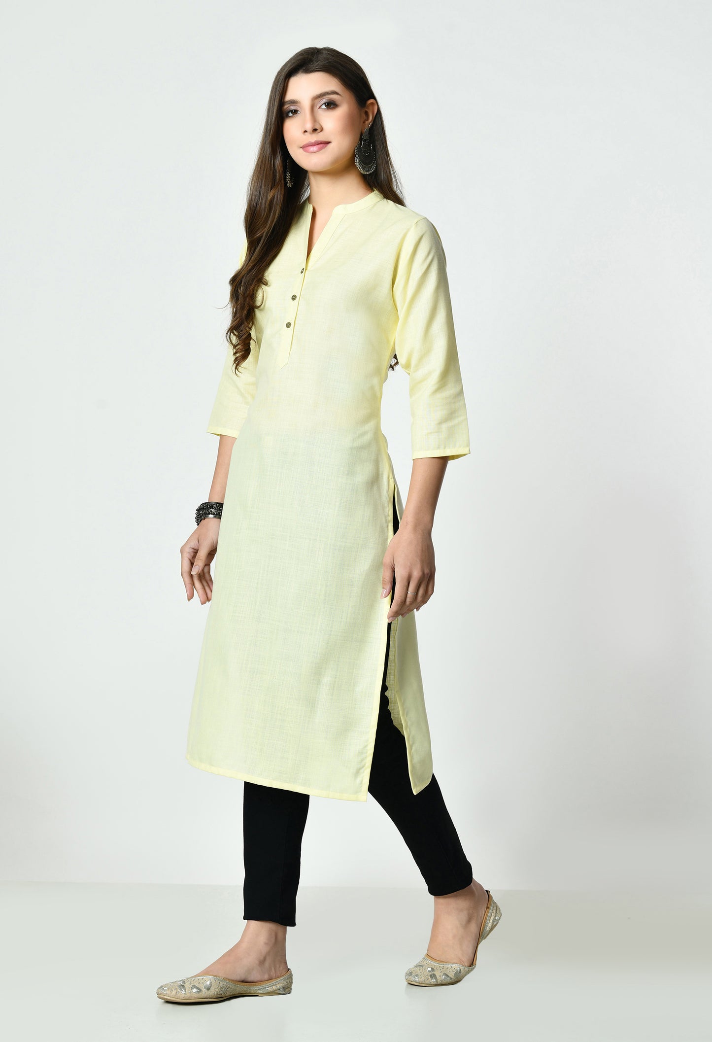 MAURYA Women's Light Yellow Colour Solid Straight Cotton Kurti (MKT149)